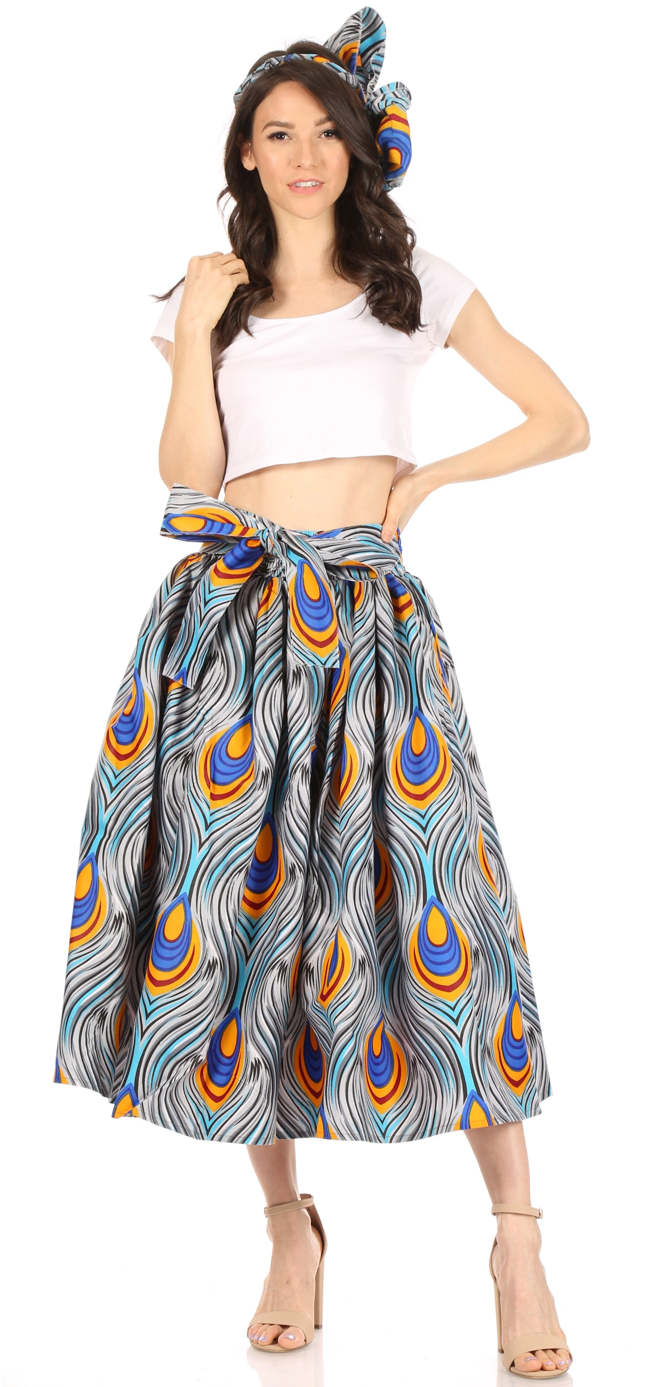 Sakkas Ama Women's Vintage Circle African Ankara Print Midi Skirt with Pockets - Image 70