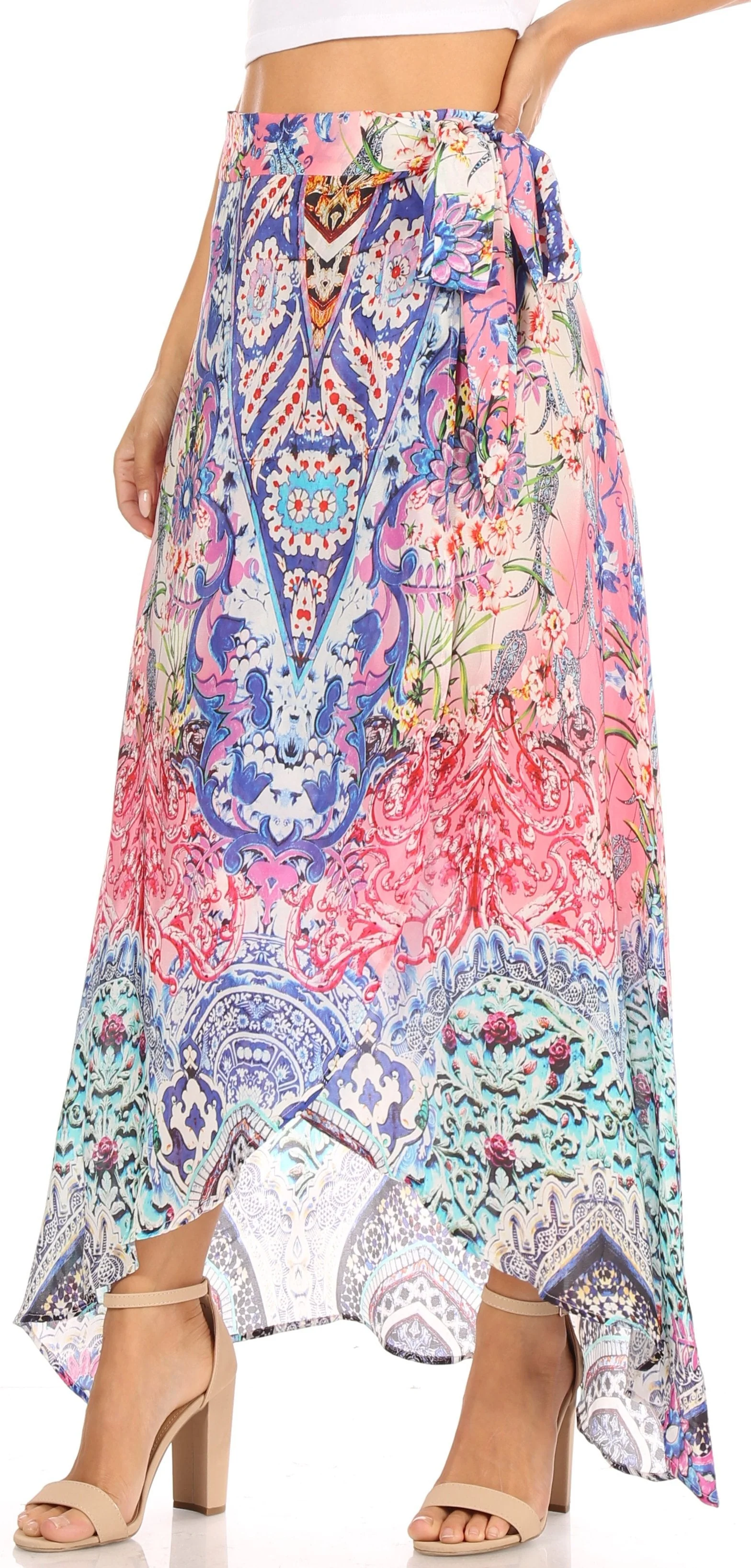 Sakkas Amaia Women's Maxi Floral Print Boho Summer Casual Long Wrap Skirt Cover-up - Image 13