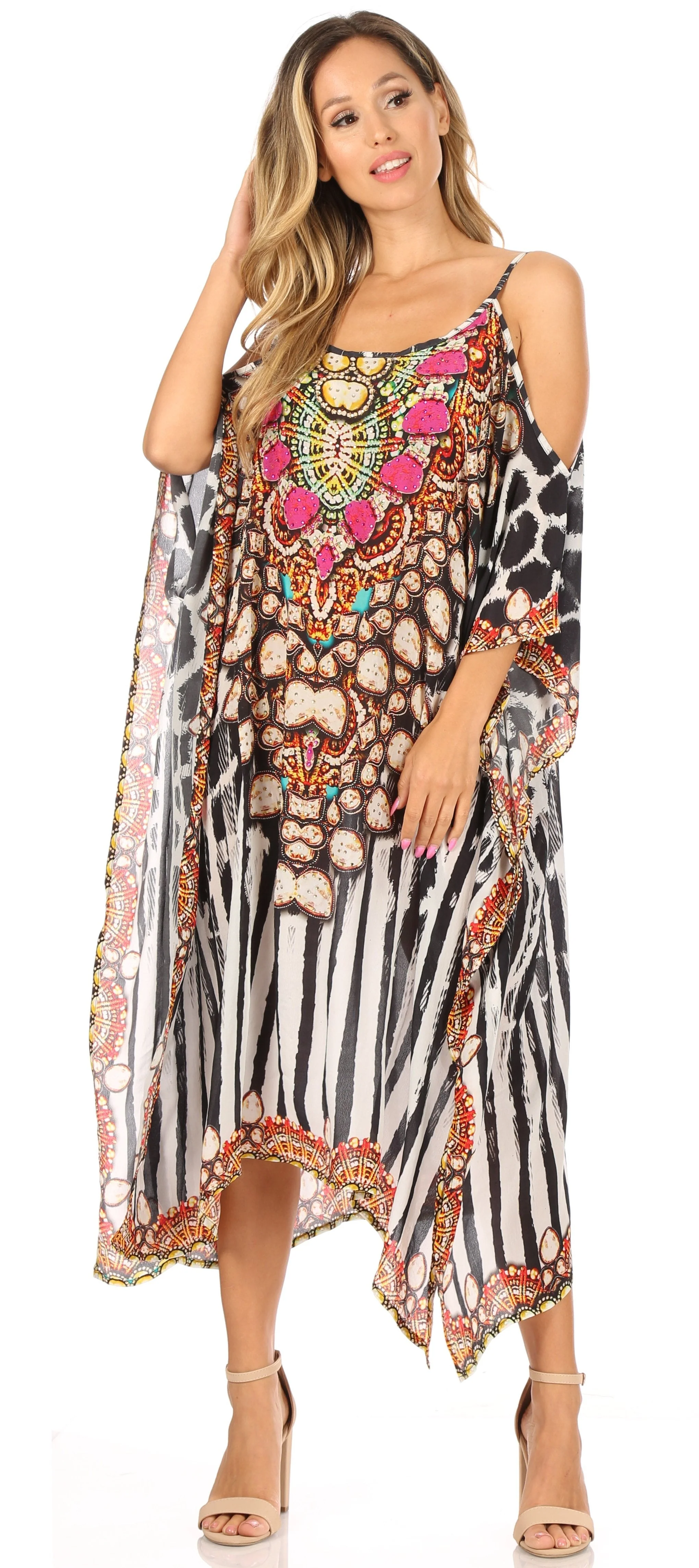Sakkas Amaya Loose Fit Long Printed Strappy Cutout Shoulder Boat Neck Kaftan Dress - Image 10