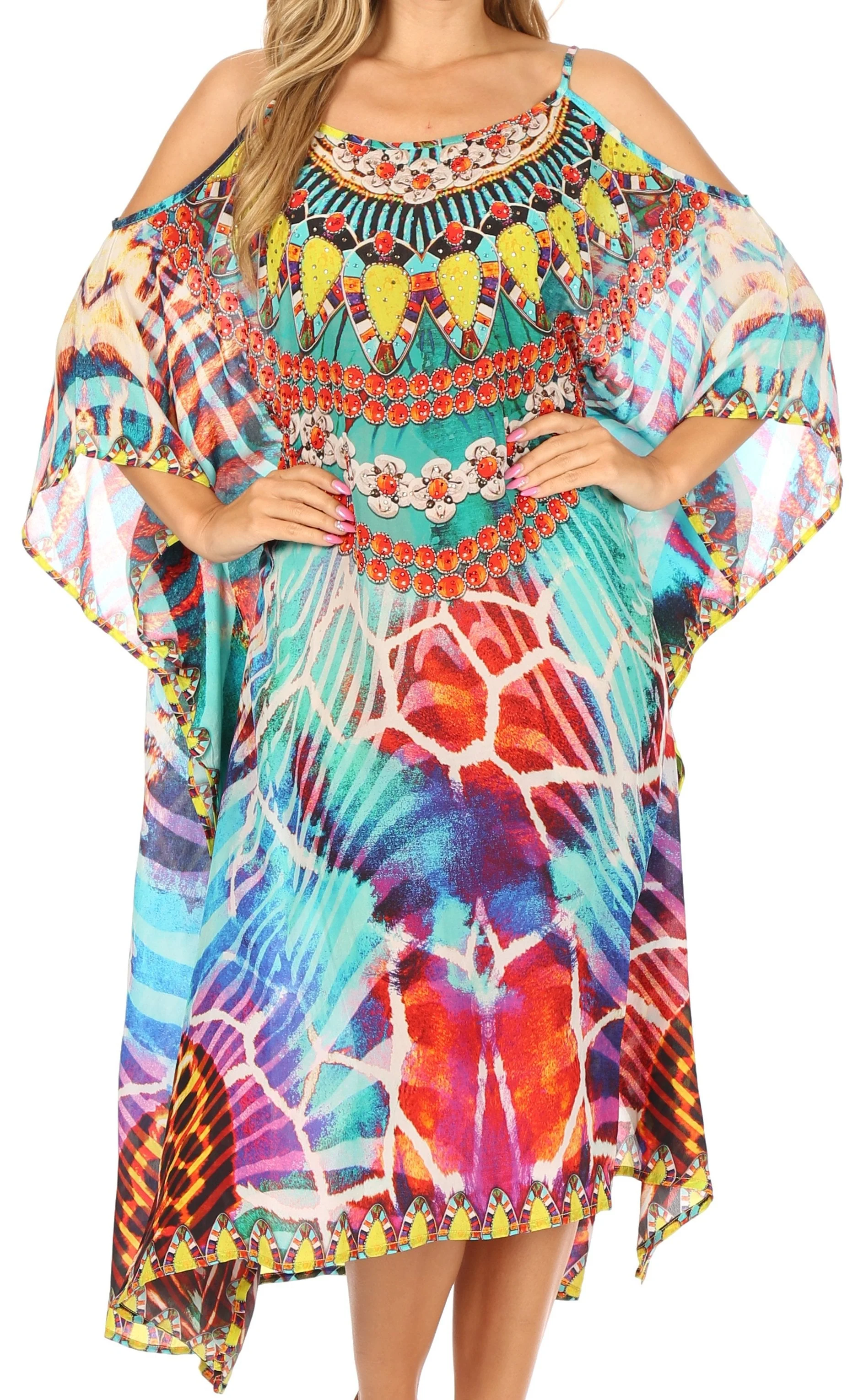 Sakkas Amaya Loose Fit Long Printed Strappy Cutout Shoulder Boat Neck Kaftan Dress - Image 11