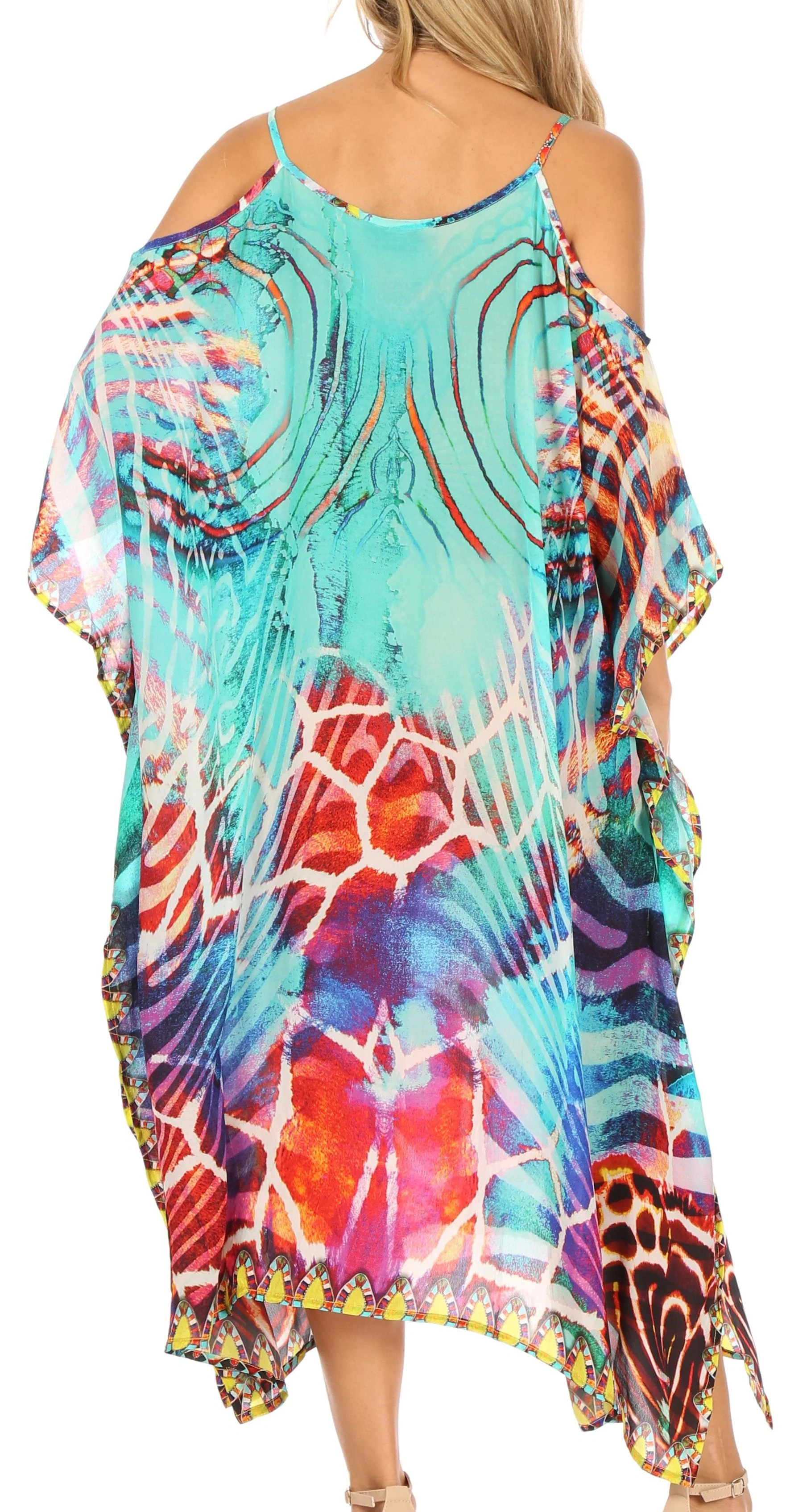 Sakkas Amaya Loose Fit Long Printed Strappy Cutout Shoulder Boat Neck Kaftan Dress - Image 12