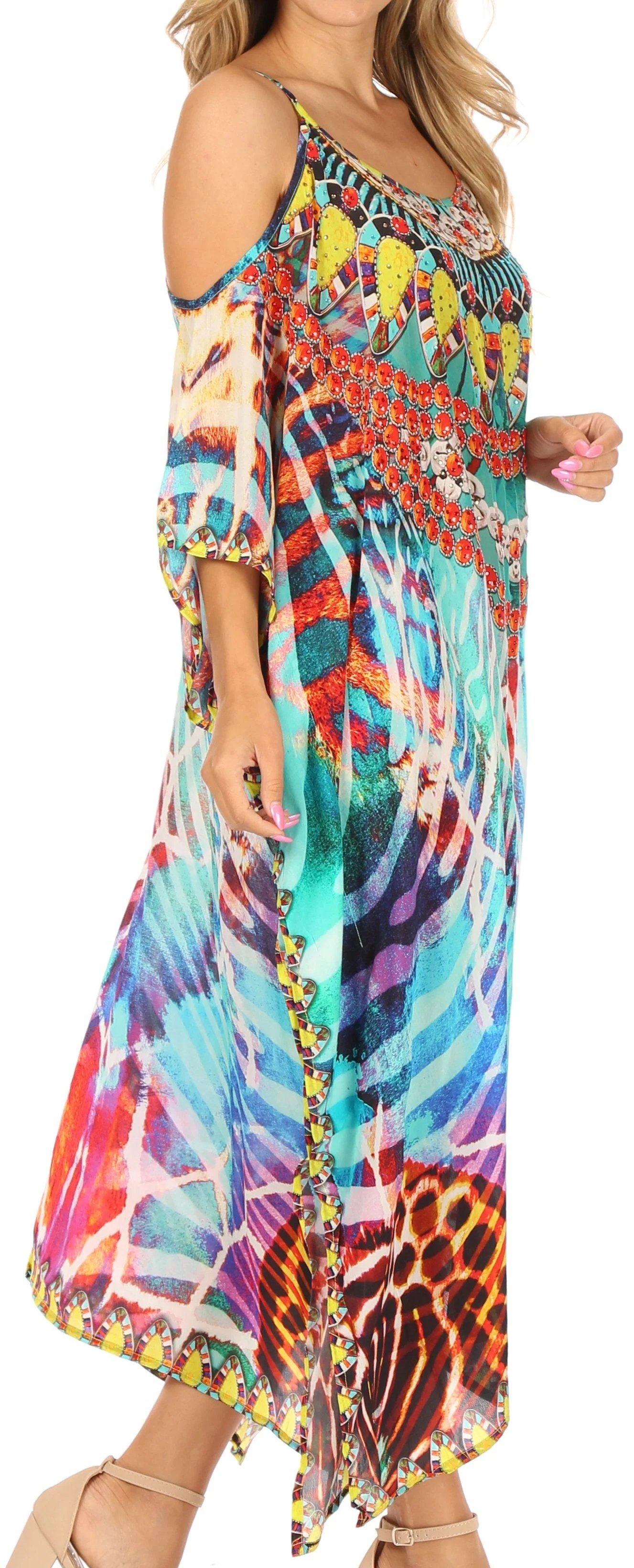 Sakkas Amaya Loose Fit Long Printed Strappy Cutout Shoulder Boat Neck Kaftan Dress - Image 14
