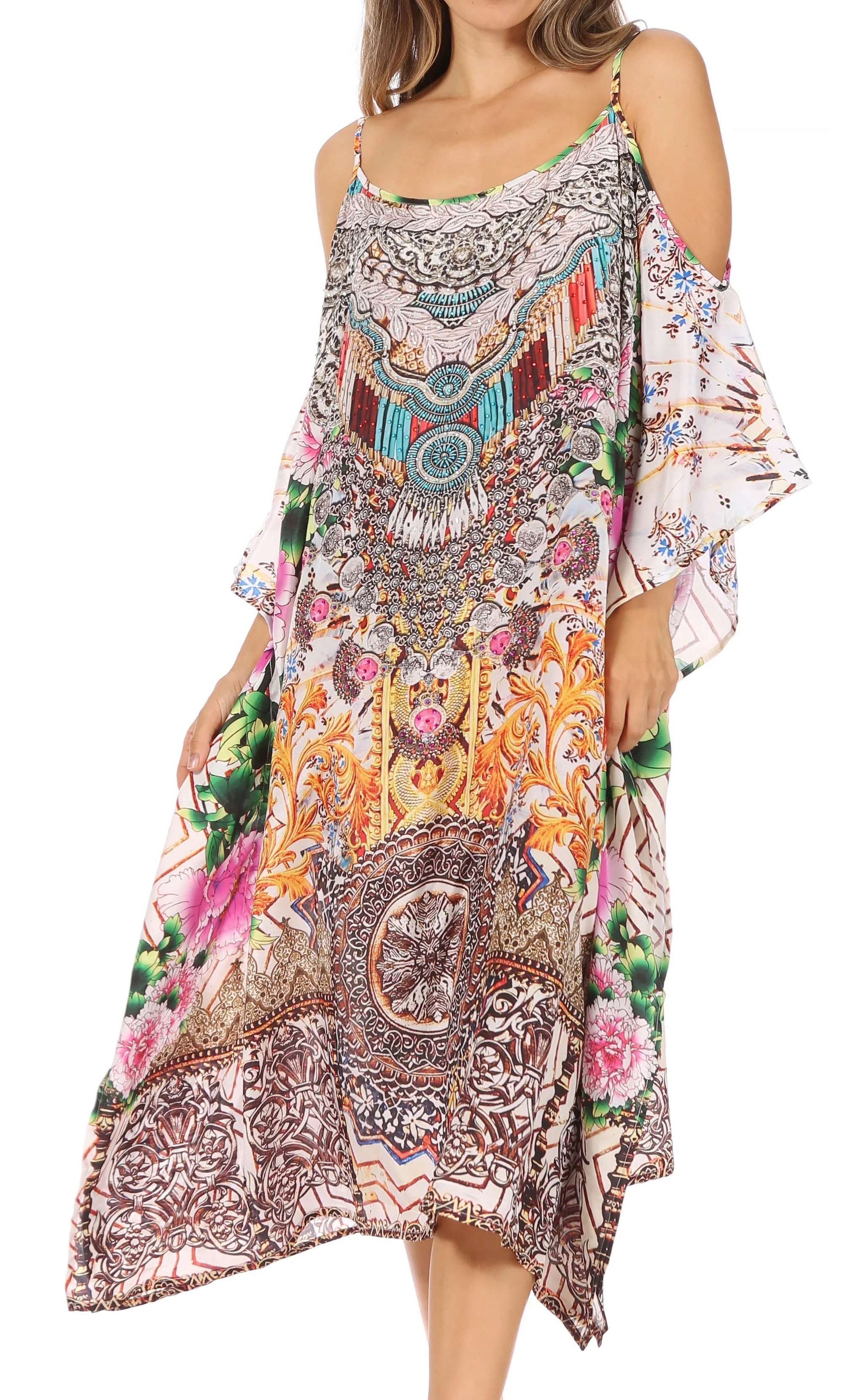 Sakkas Amaya Loose Fit Long Printed Strappy Cutout Shoulder Boat Neck Kaftan Dress - Image 16