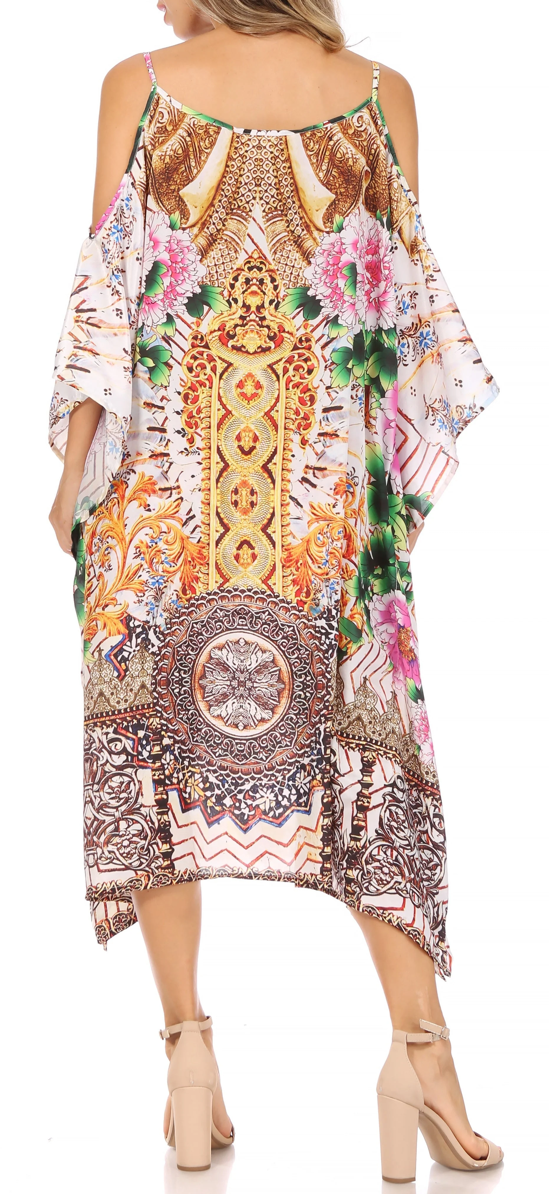 Sakkas Amaya Loose Fit Long Printed Strappy Cutout Shoulder Boat Neck Kaftan Dress - Image 17