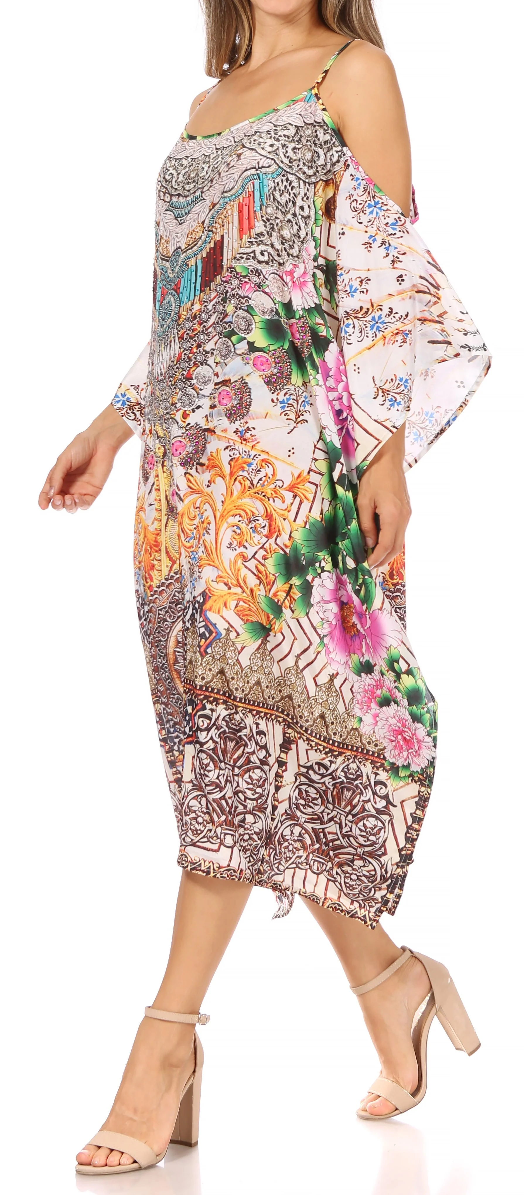 Sakkas Amaya Loose Fit Long Printed Strappy Cutout Shoulder Boat Neck Kaftan Dress - Image 18