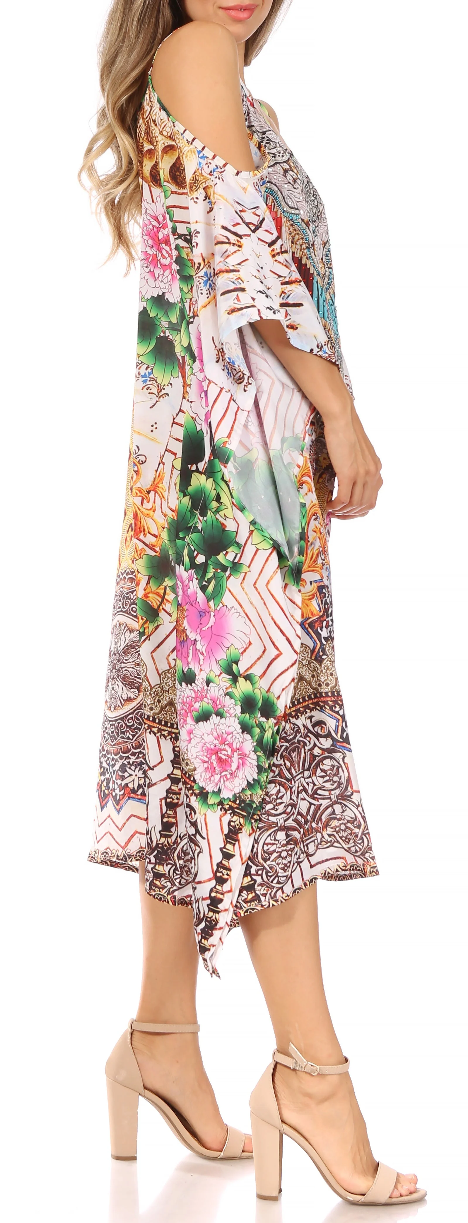 Sakkas Amaya Loose Fit Long Printed Strappy Cutout Shoulder Boat Neck Kaftan Dress - Image 19