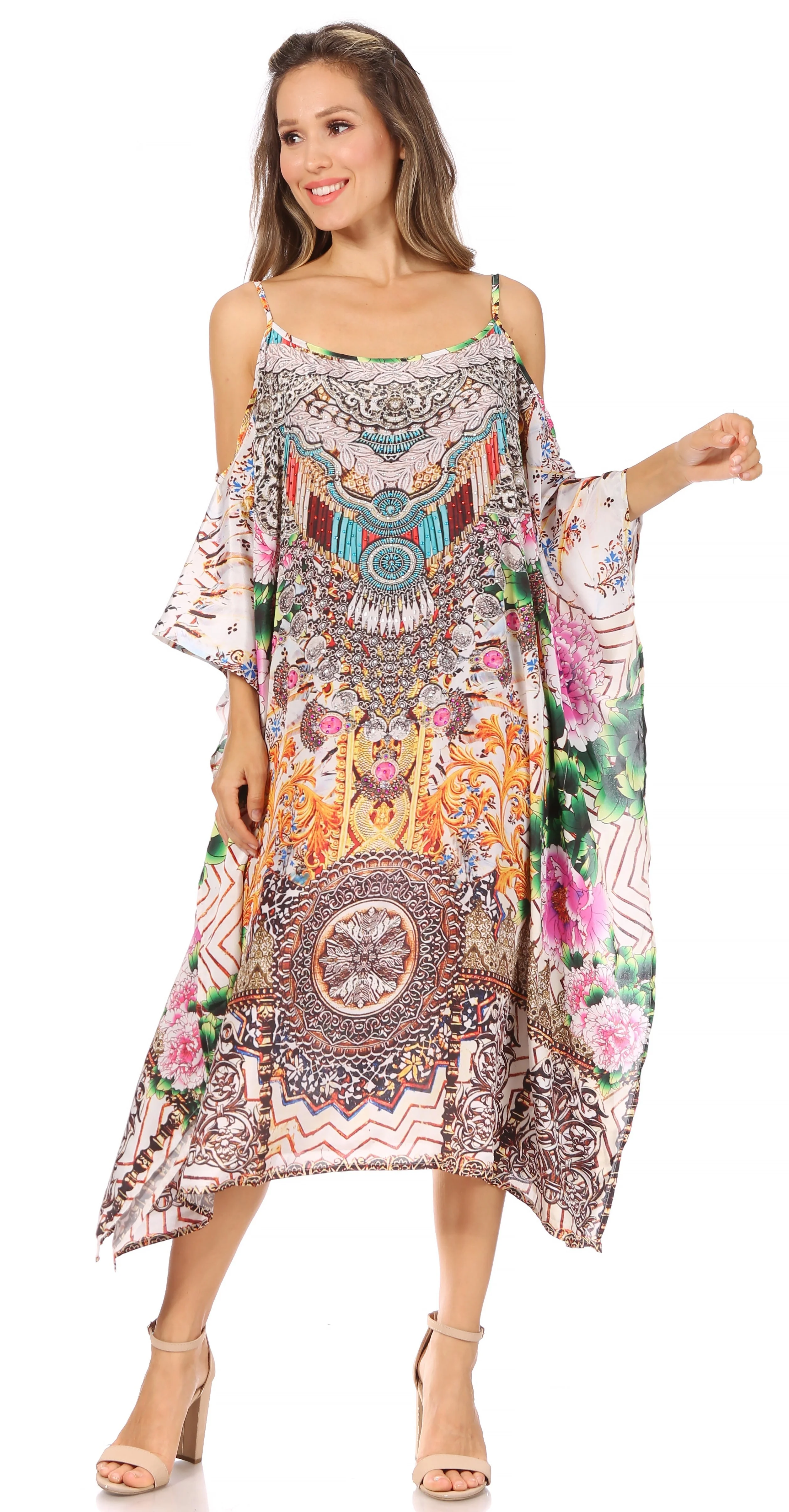 Sakkas Amaya Loose Fit Long Printed Strappy Cutout Shoulder Boat Neck Kaftan Dress - Image 20