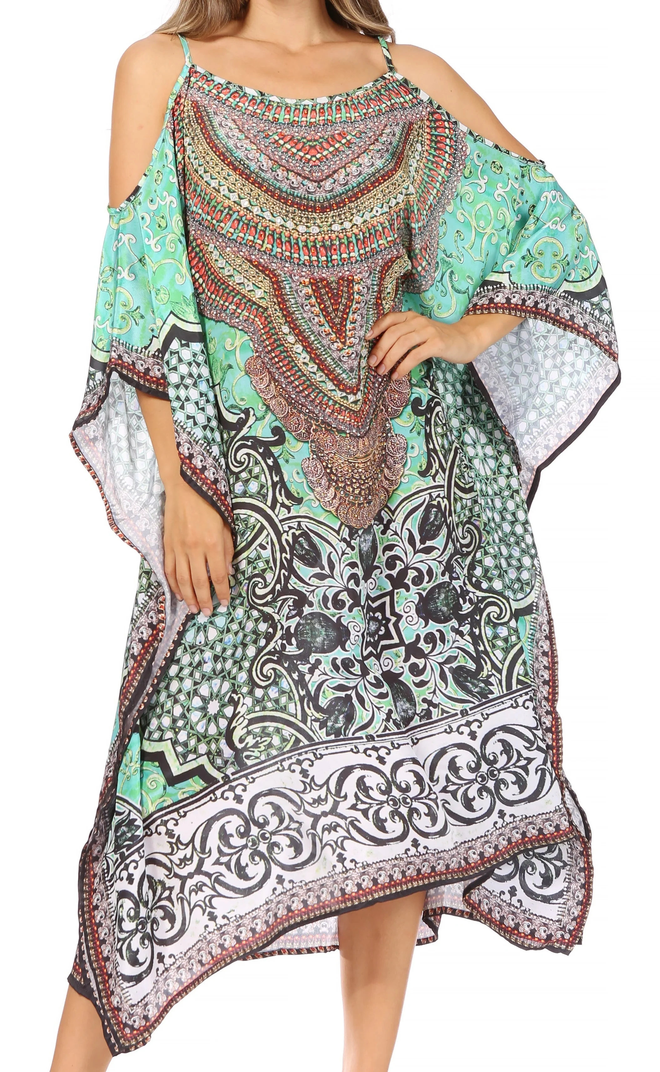 Sakkas Amaya Loose Fit Long Printed Strappy Cutout Shoulder Boat Neck Kaftan Dress - Image 21