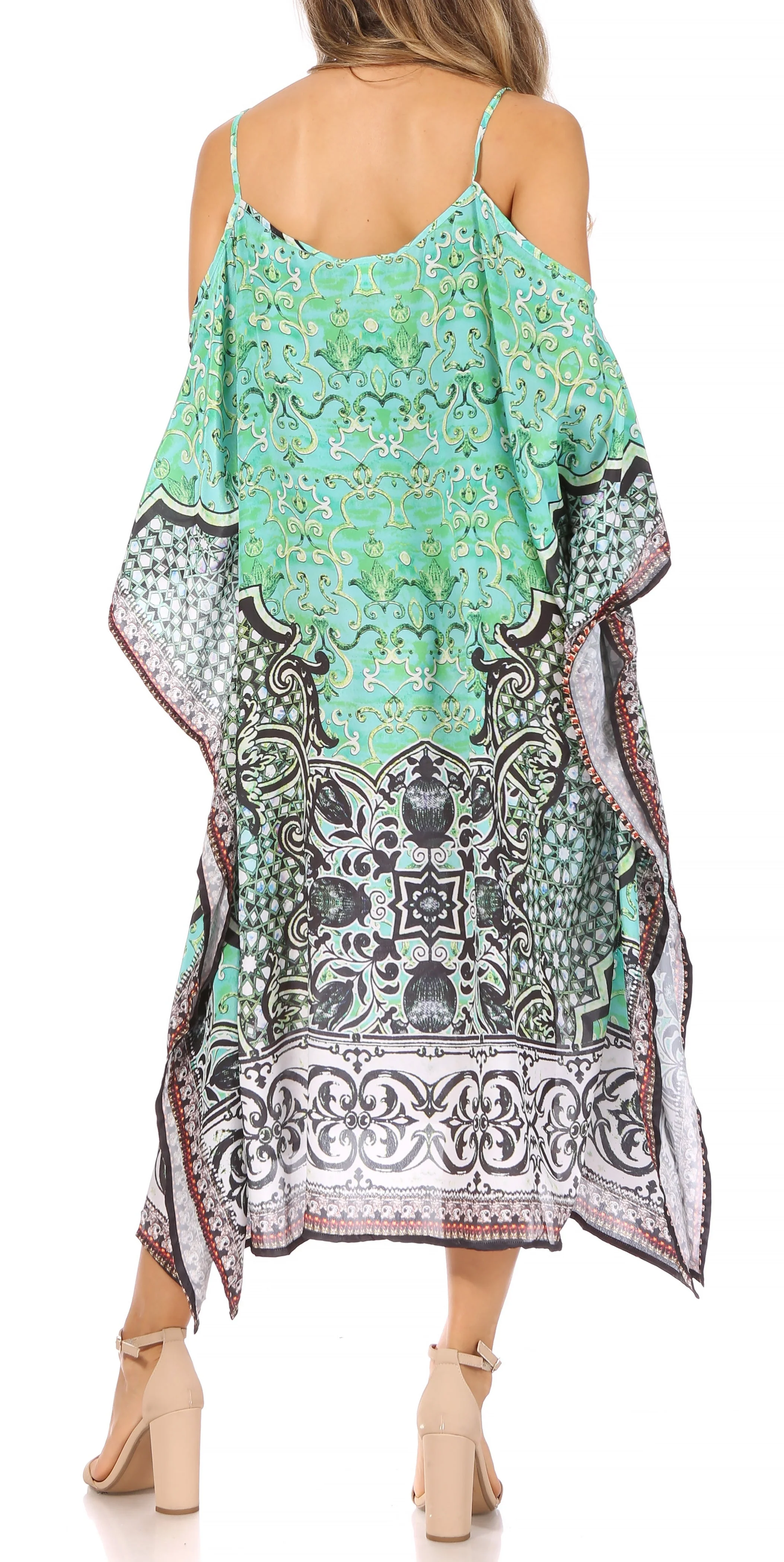 Sakkas Amaya Loose Fit Long Printed Strappy Cutout Shoulder Boat Neck Kaftan Dress - Image 22