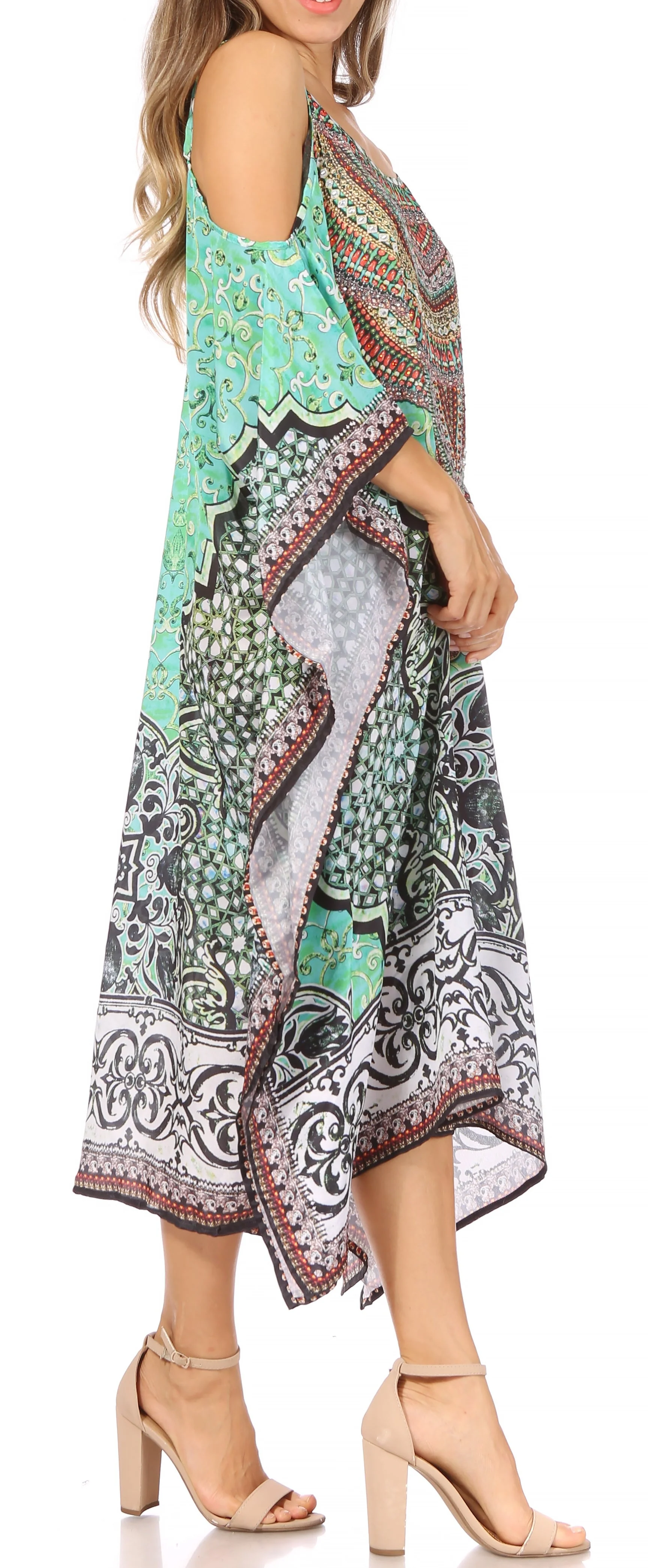 Sakkas Amaya Loose Fit Long Printed Strappy Cutout Shoulder Boat Neck Kaftan Dress - Image 24