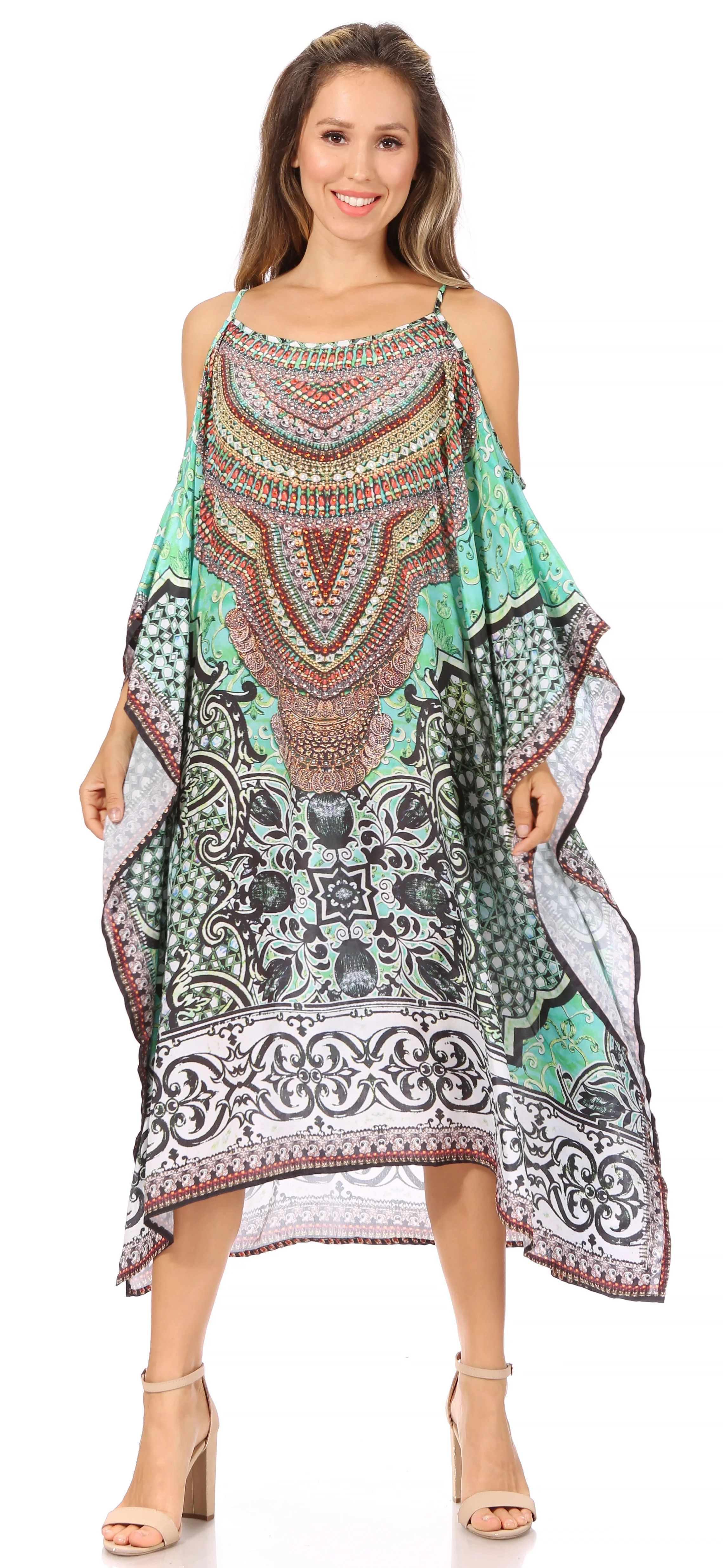 Sakkas Amaya Loose Fit Long Printed Strappy Cutout Shoulder Boat Neck Kaftan Dress - Image 25