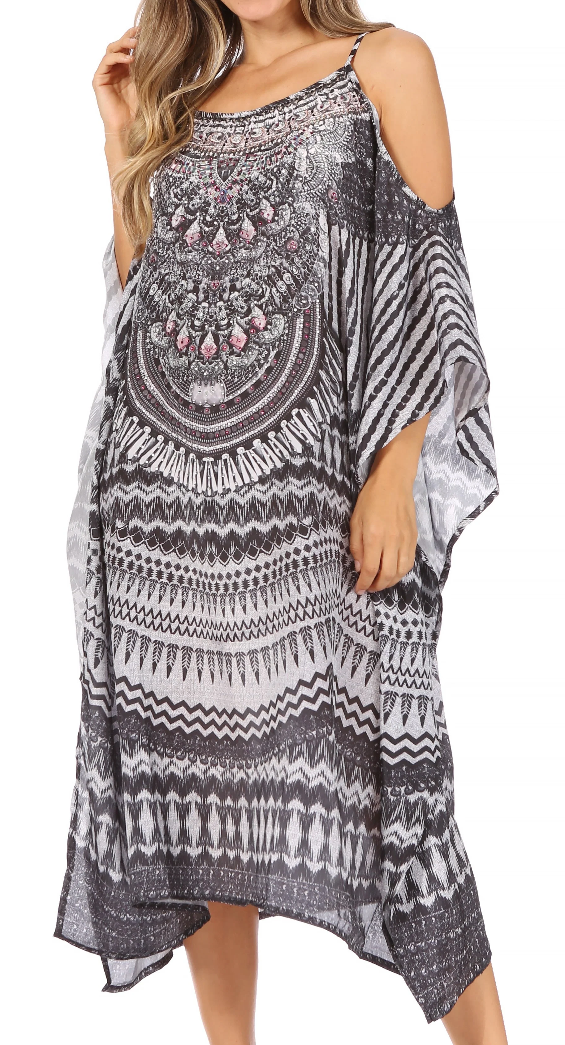 Sakkas Amaya Loose Fit Long Printed Strappy Cutout Shoulder Boat Neck Kaftan Dress - Image 26