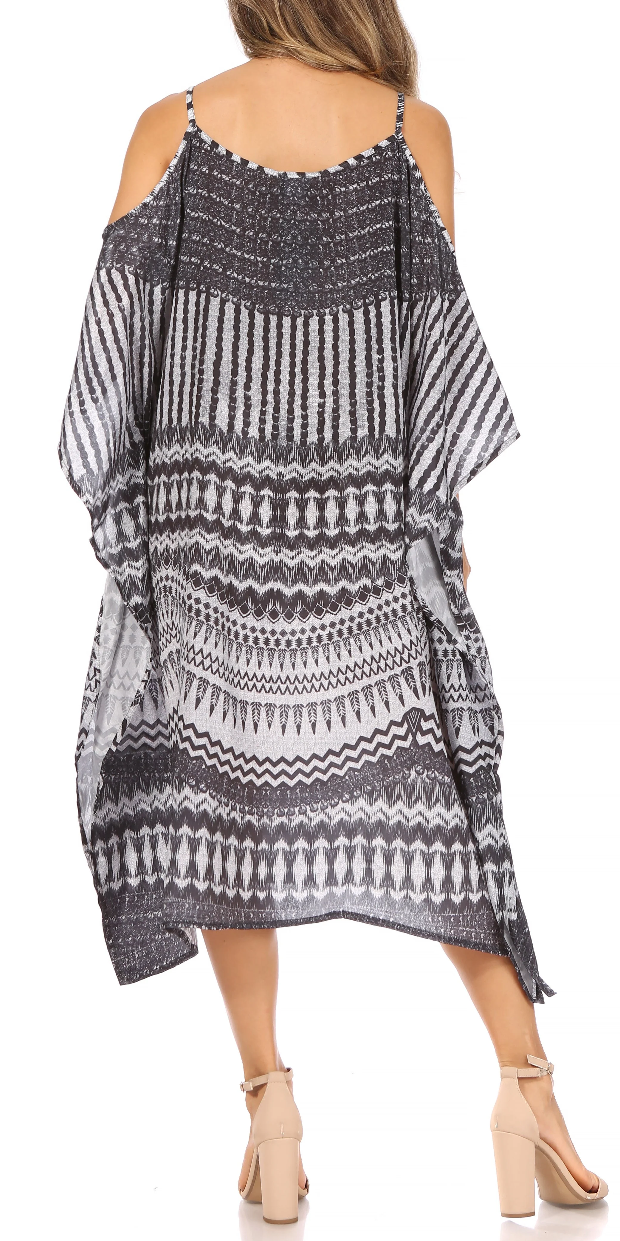 Sakkas Amaya Loose Fit Long Printed Strappy Cutout Shoulder Boat Neck Kaftan Dress - Image 27