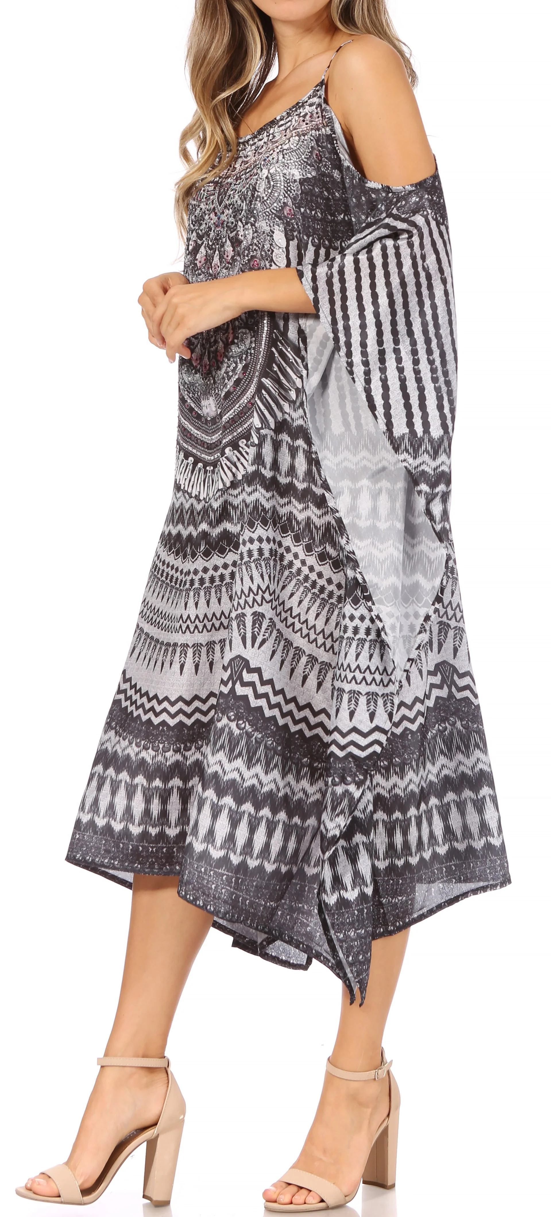 Sakkas Amaya Loose Fit Long Printed Strappy Cutout Shoulder Boat Neck Kaftan Dress - Image 28