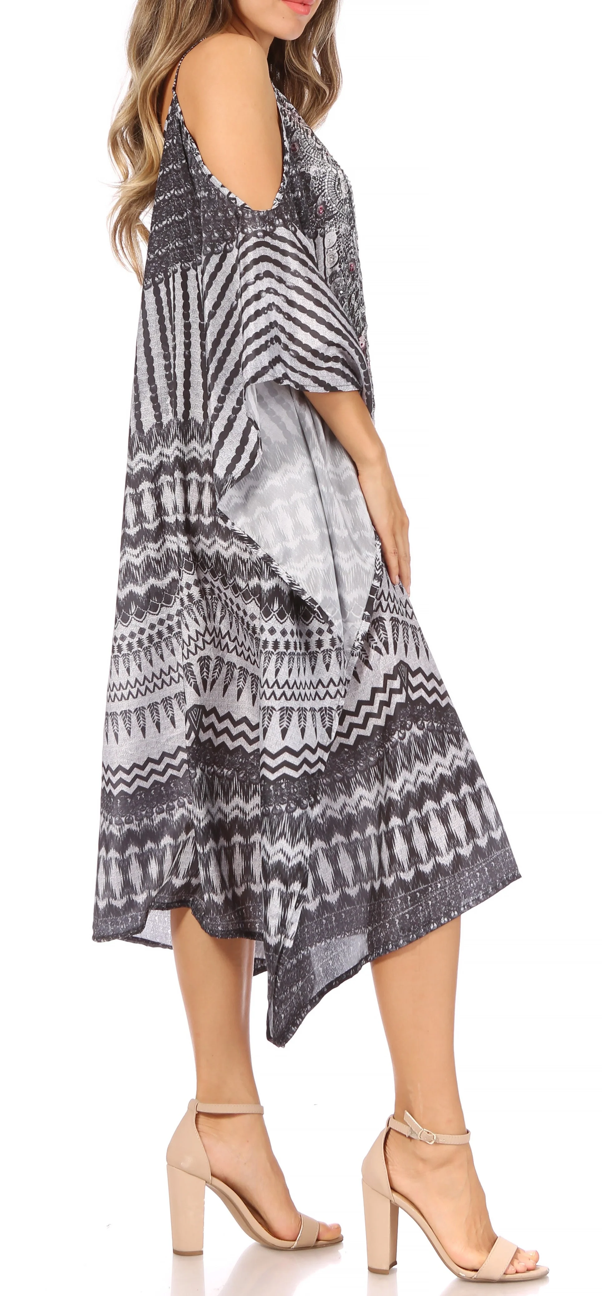 Sakkas Amaya Loose Fit Long Printed Strappy Cutout Shoulder Boat Neck Kaftan Dress - Image 29