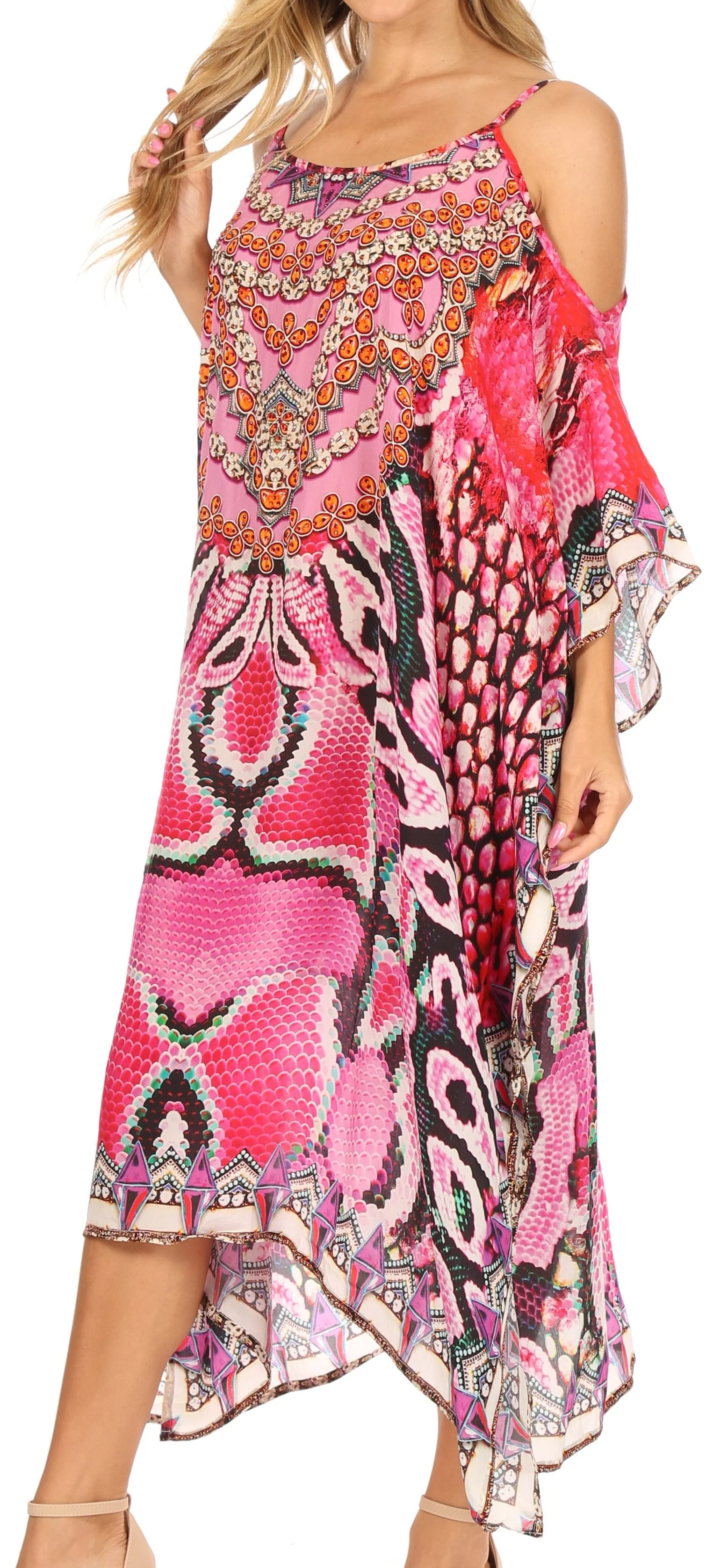 Sakkas Amaya Loose Fit Long Printed Strappy Cutout Shoulder Boat Neck Kaftan Dress - Image 3