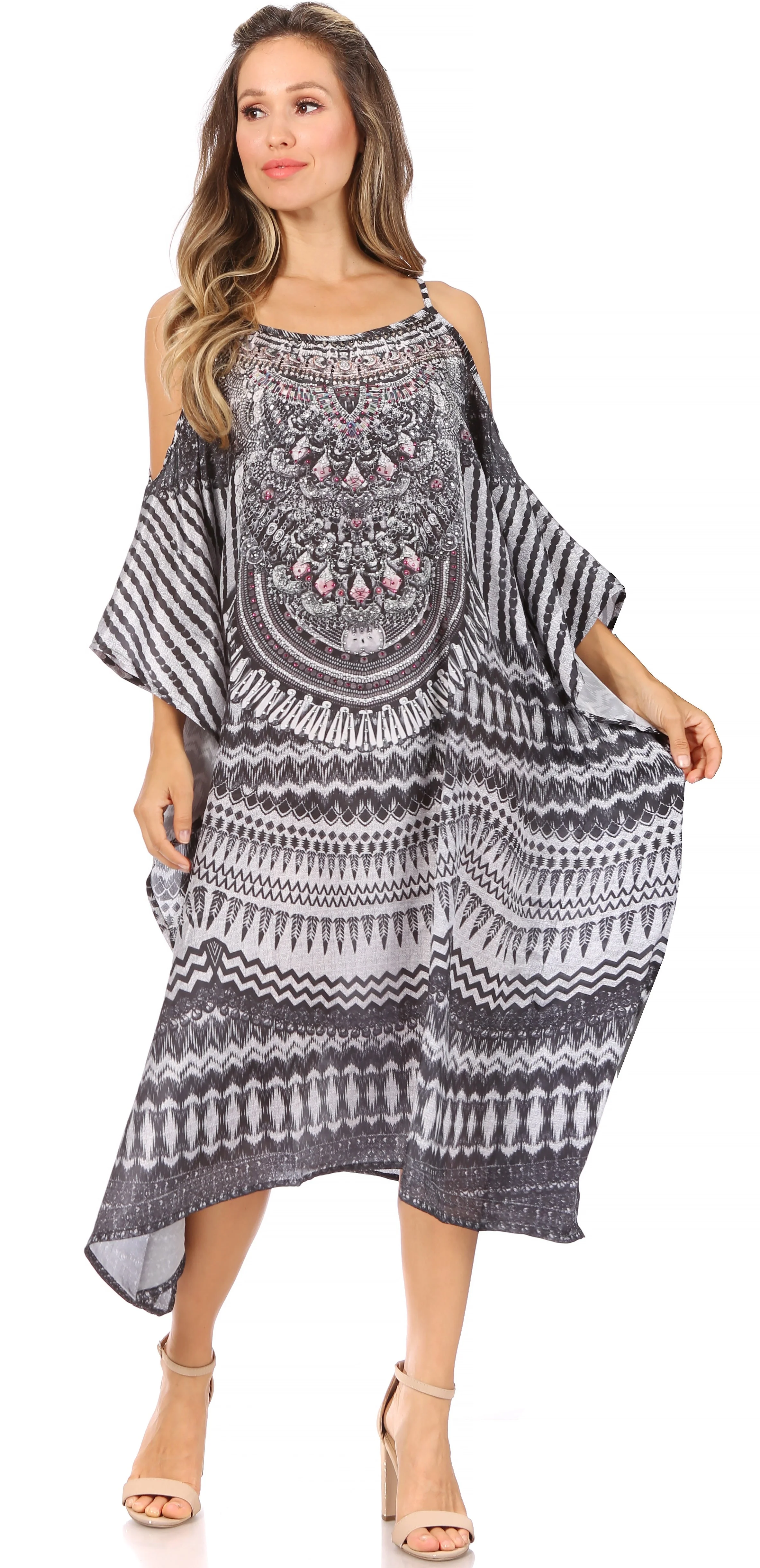 Sakkas Amaya Loose Fit Long Printed Strappy Cutout Shoulder Boat Neck Kaftan Dress - Image 30