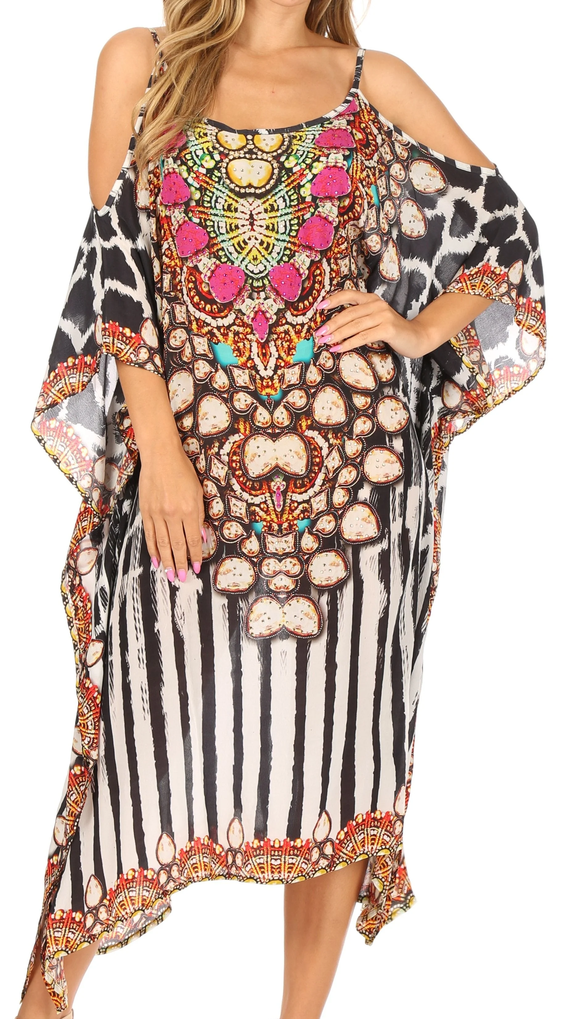 Sakkas Amaya Loose Fit Long Printed Strappy Cutout Shoulder Boat Neck Kaftan Dress - Image 6