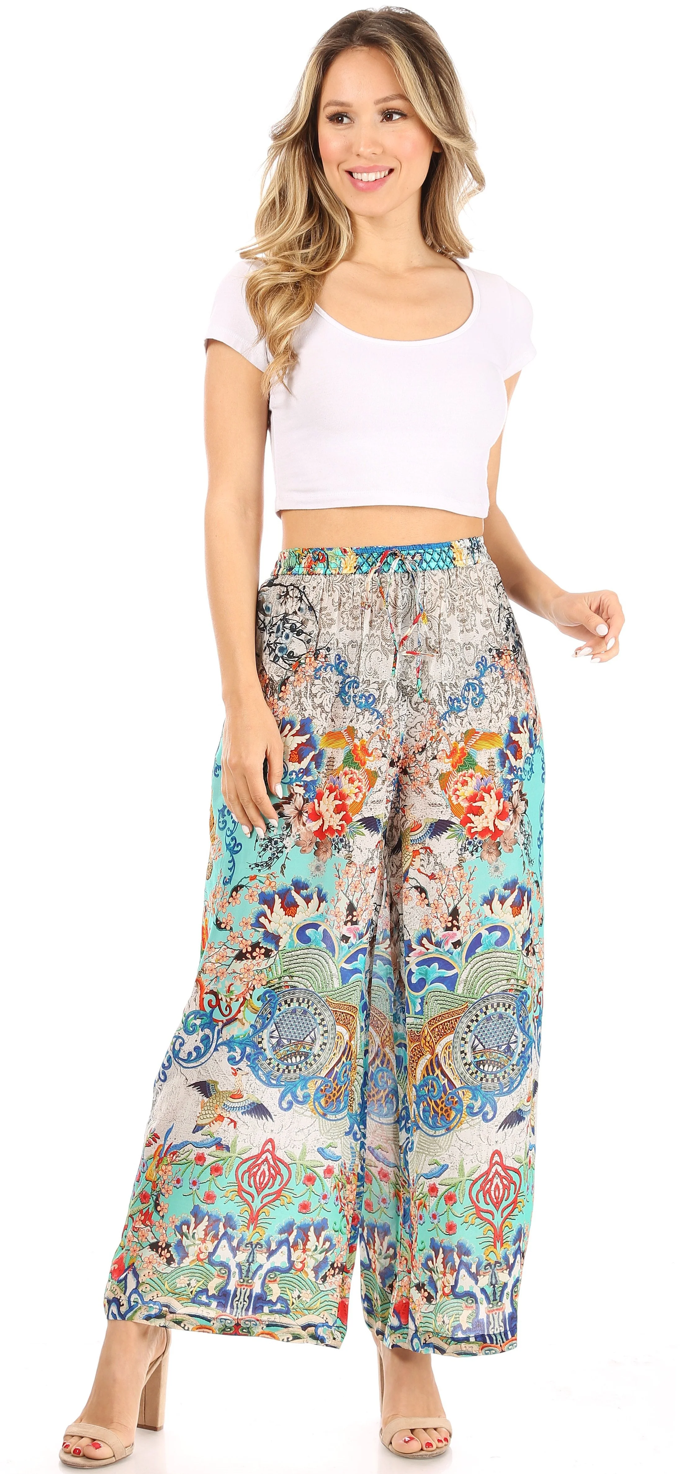Sakkas Anie Women's Boho Casual Flowy Flare Palazzo Wide Leg Pants Floral Print - Image 10