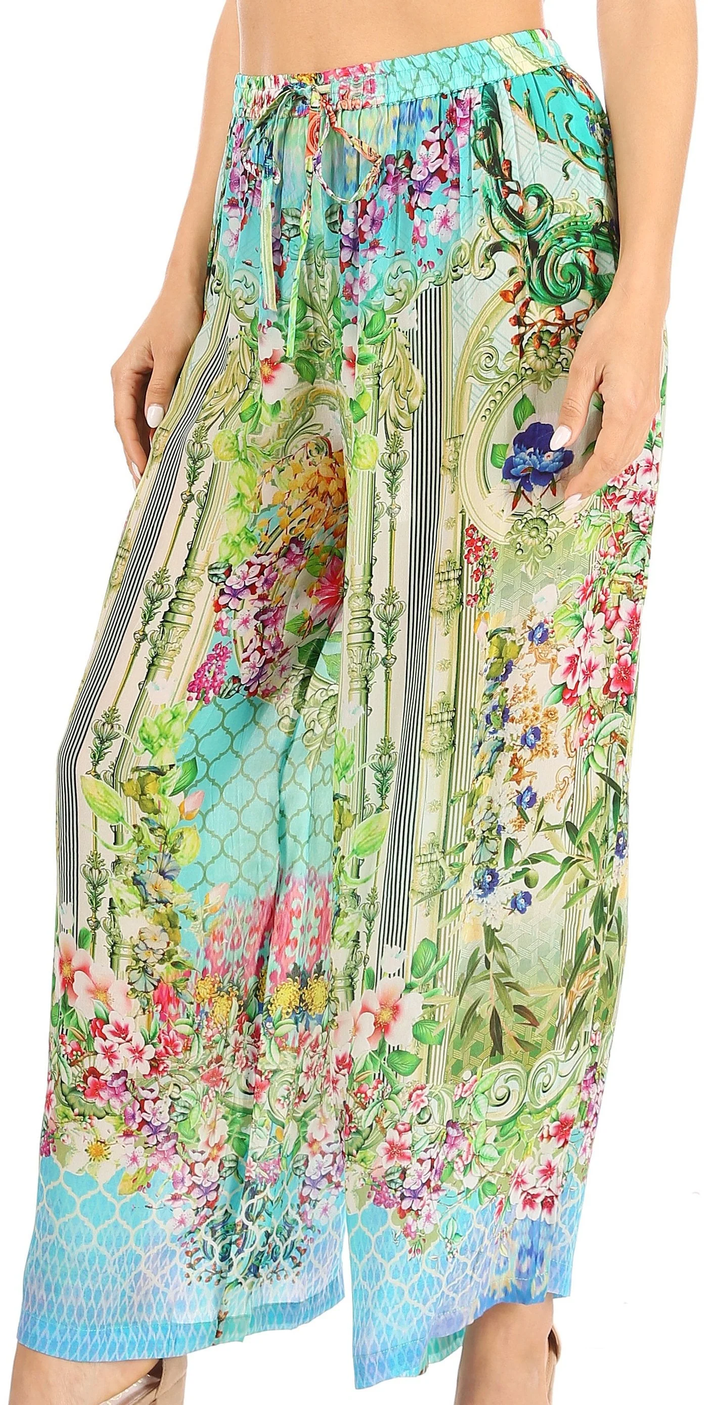 Sakkas Anie Women's Boho Casual Flowy Flare Palazzo Wide Leg Pants Floral Print - Image 3