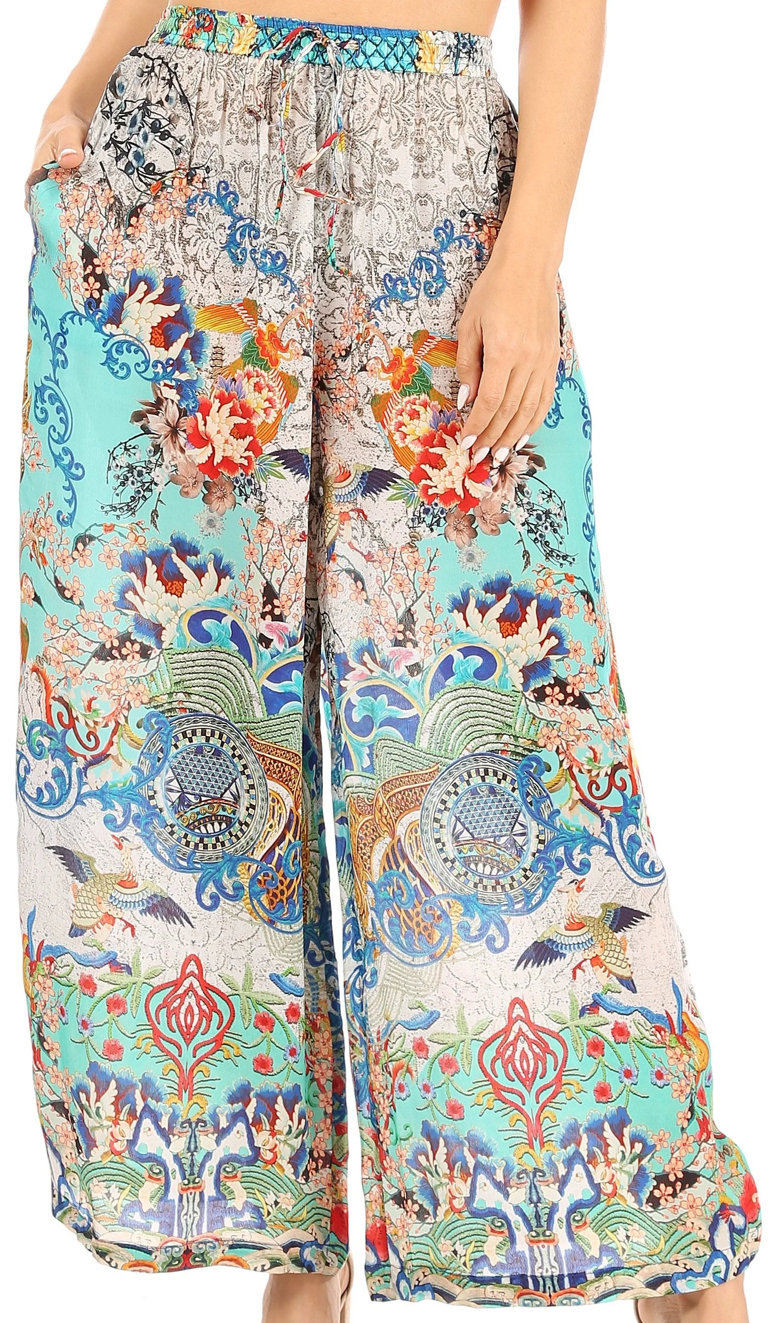 Sakkas Anie Women's Boho Casual Flowy Flare Palazzo Wide Leg Pants Floral Print - Image 6