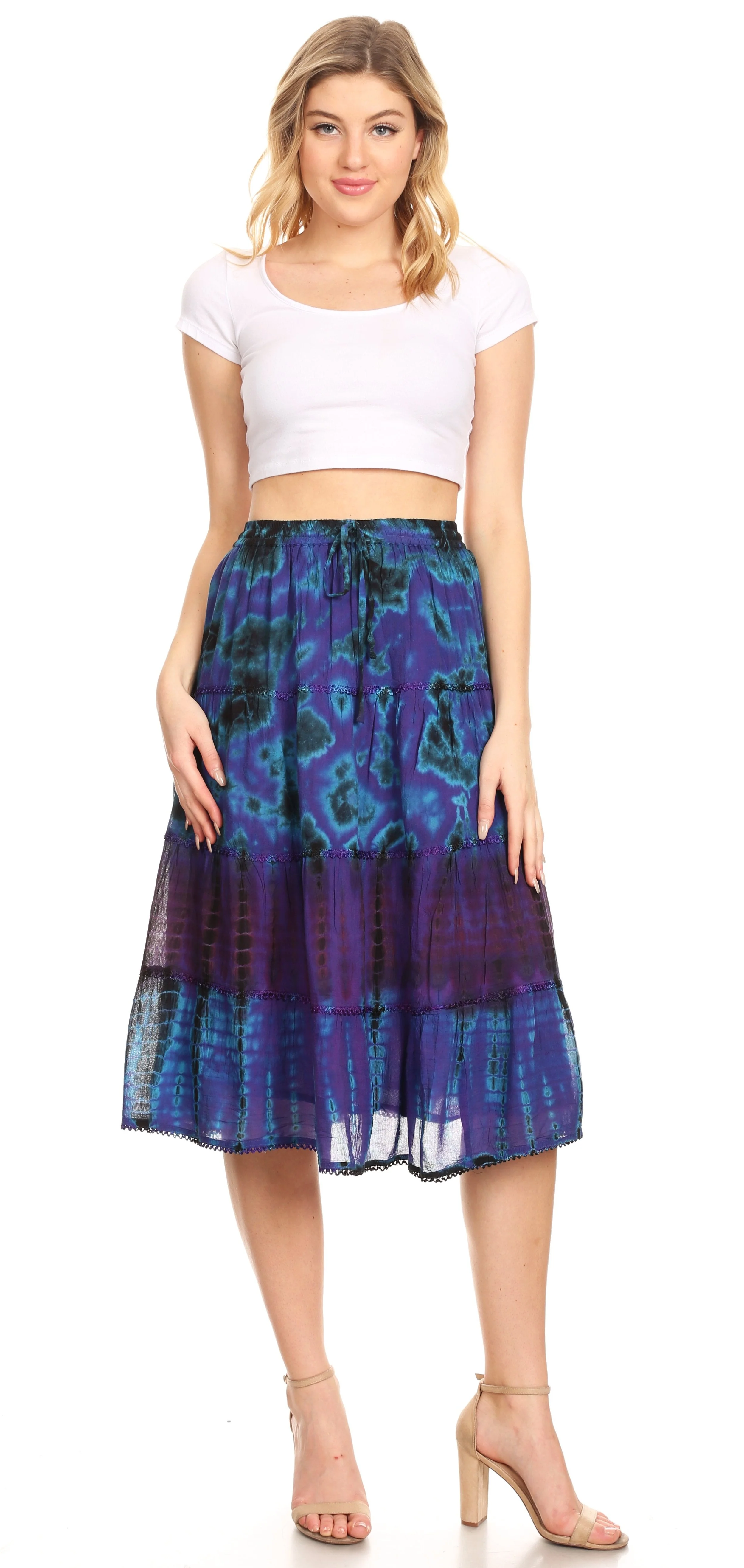 Sakkas Antonia Women's Skirt Tie Dye Boho Elastic Waist Adjustable Embroidery - Image 15