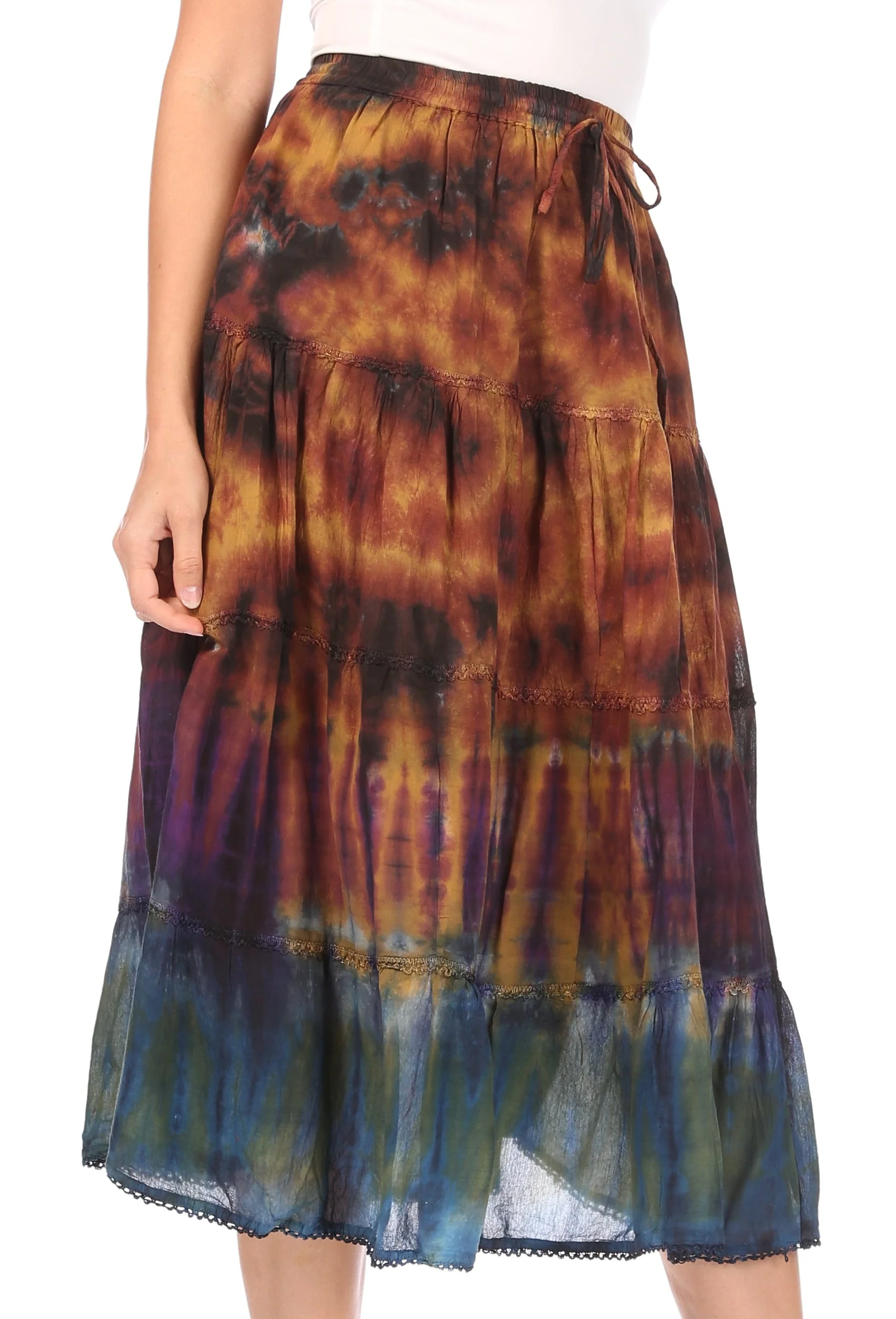 Sakkas Antonia Women's Skirt Tie Dye Boho Elastic Waist Adjustable Embroidery - Image 3