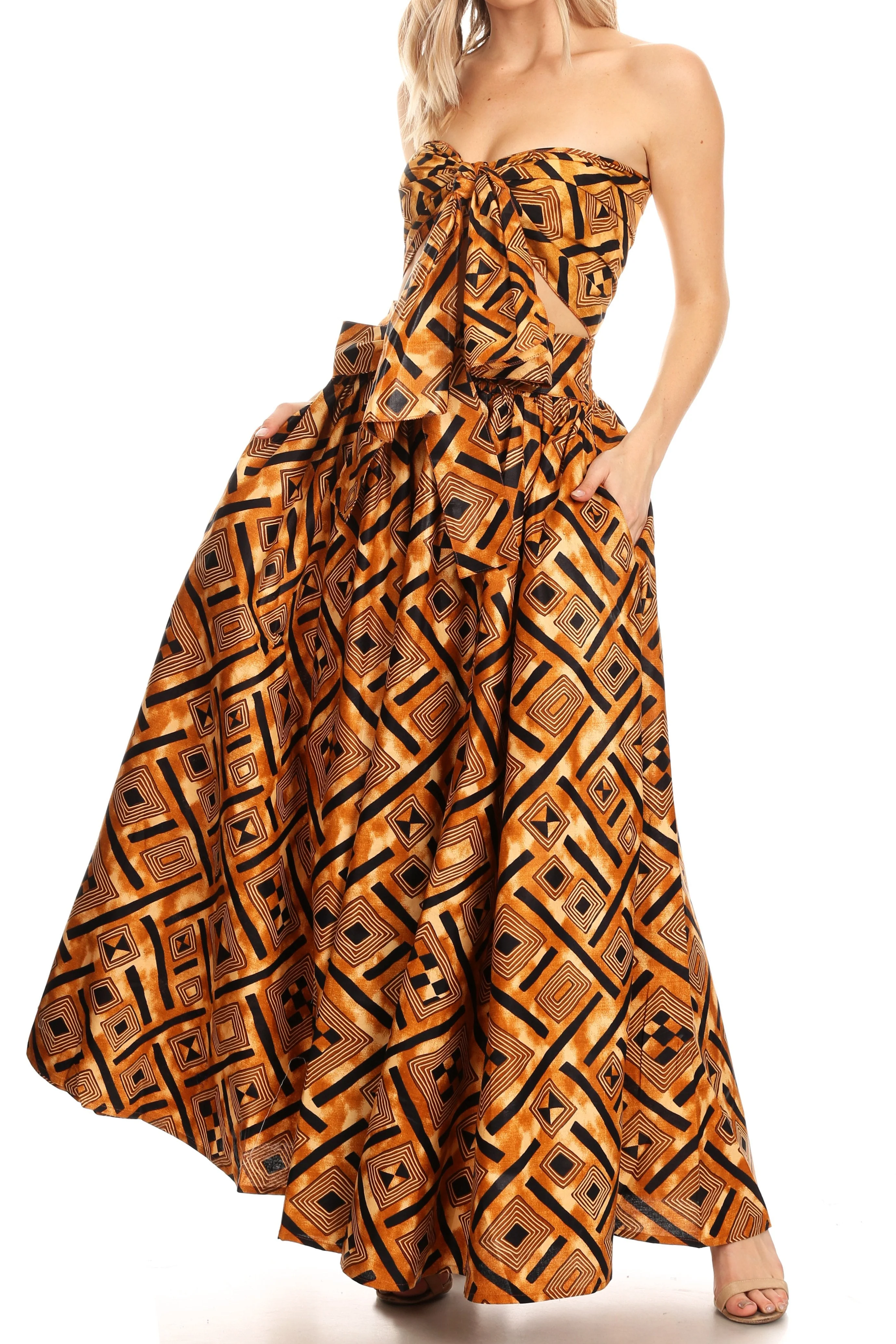 Sakkas Asma Convertible Traditional Wax Print Adjustable Strap Maxi Skirt | Dress - Image 81