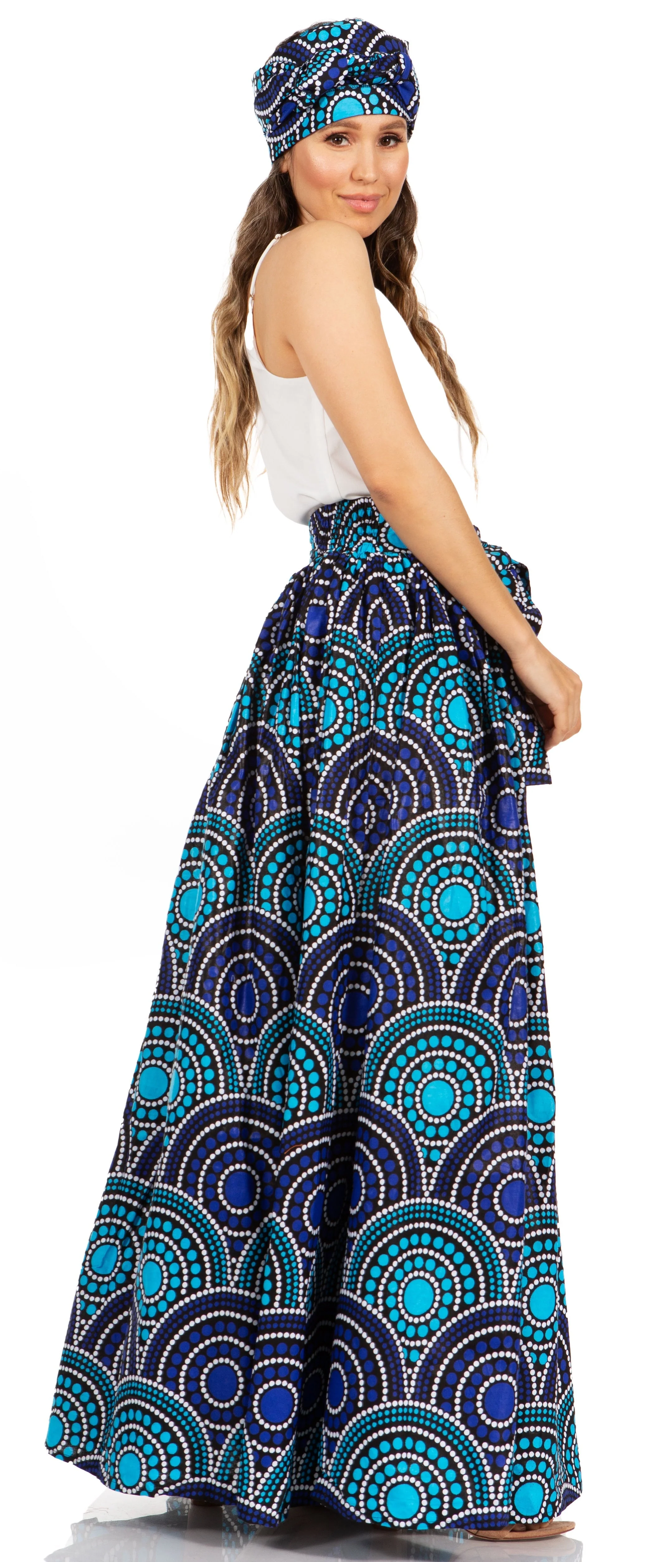 Sakkas Asma's Second Convertible Traditional Wax Print Maxi Skirt with Adjustable Straps - Image 104