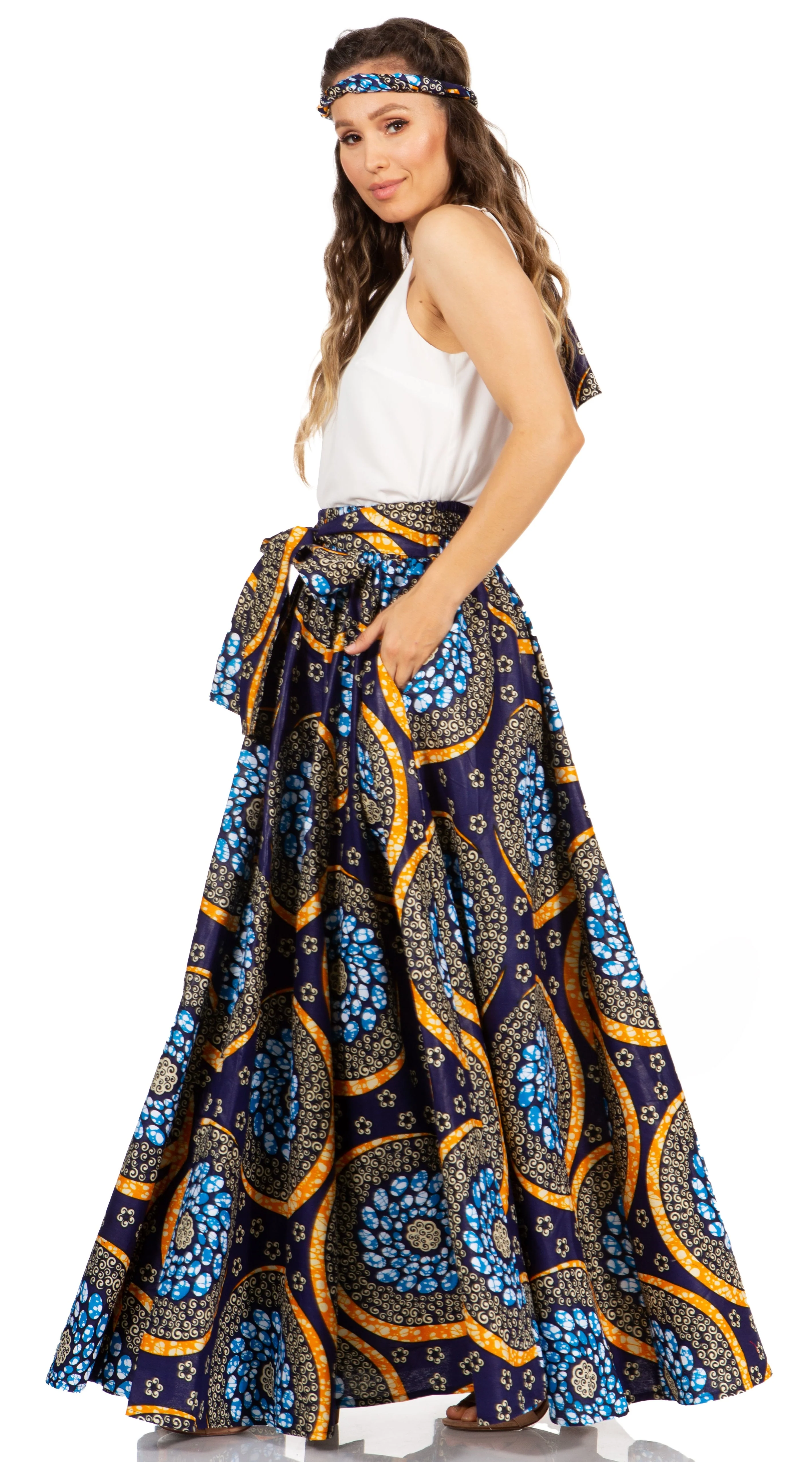Sakkas Asma's Second Convertible Traditional Wax Print Maxi Skirt with Adjustable Straps - Image 113
