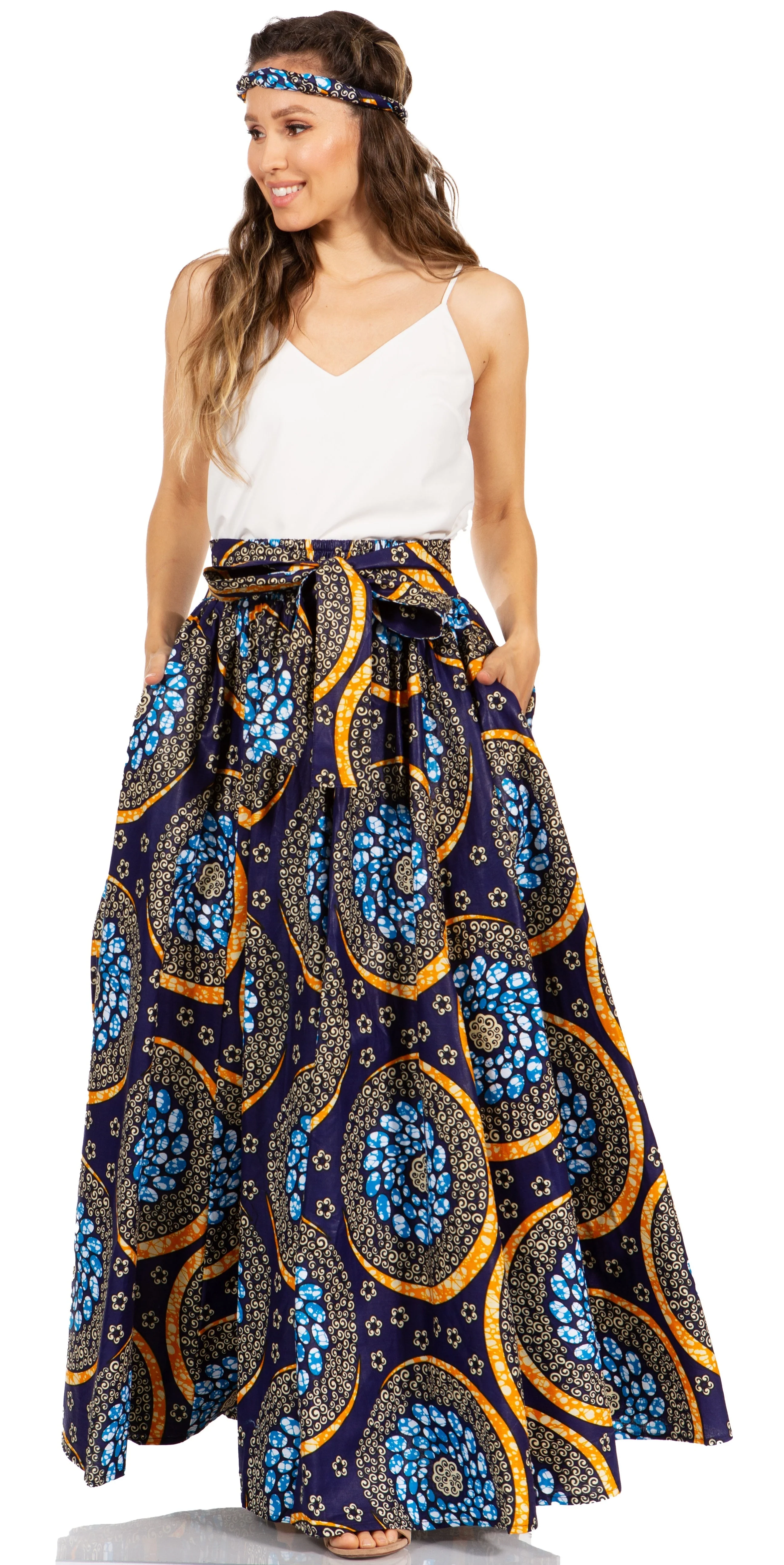 Sakkas Asma's Second Convertible Traditional Wax Print Maxi Skirt with Adjustable Straps - Image 115