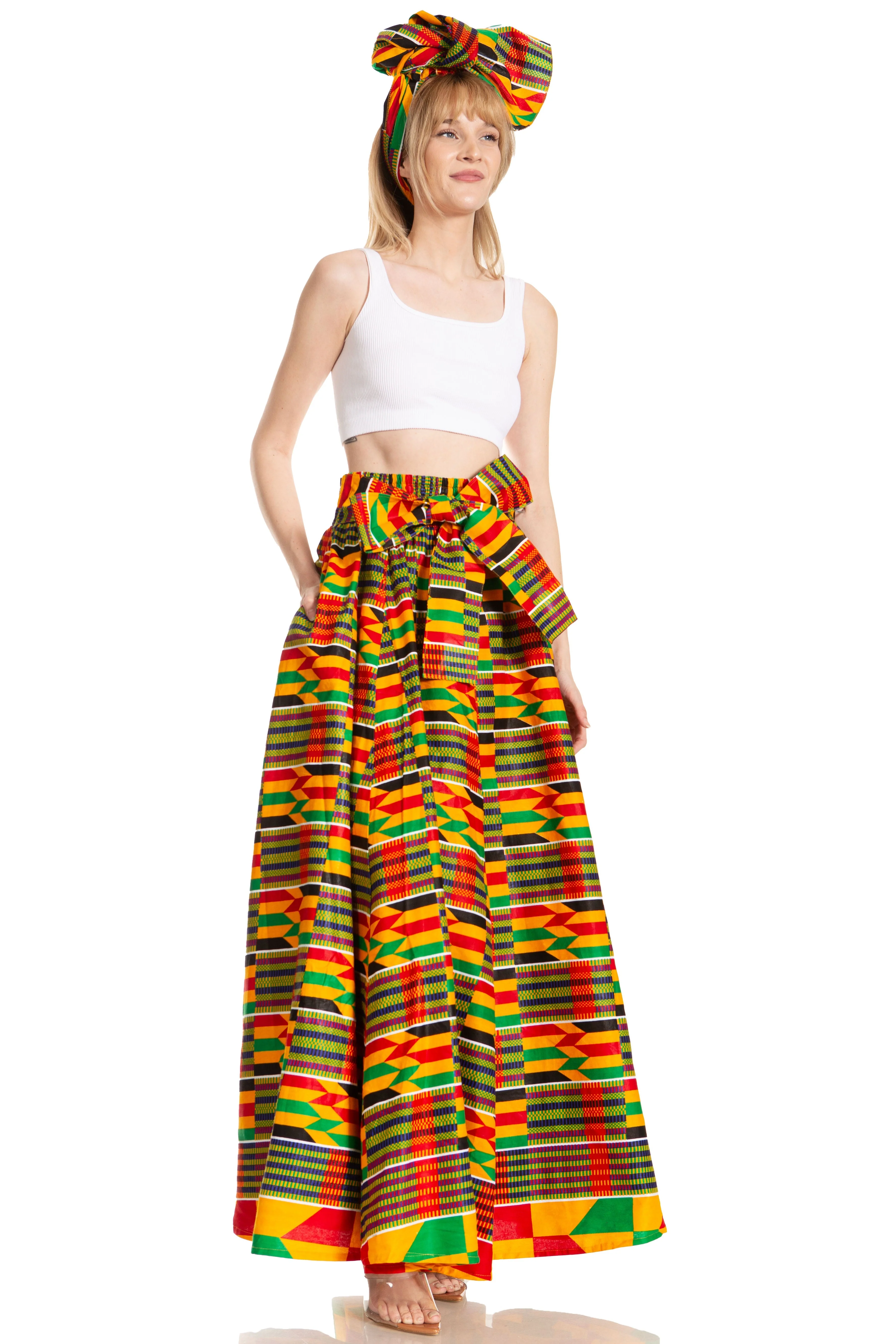 Sakkas Asma's Second Convertible Traditional Wax Print Maxi Skirt with Adjustable Straps - Image 134