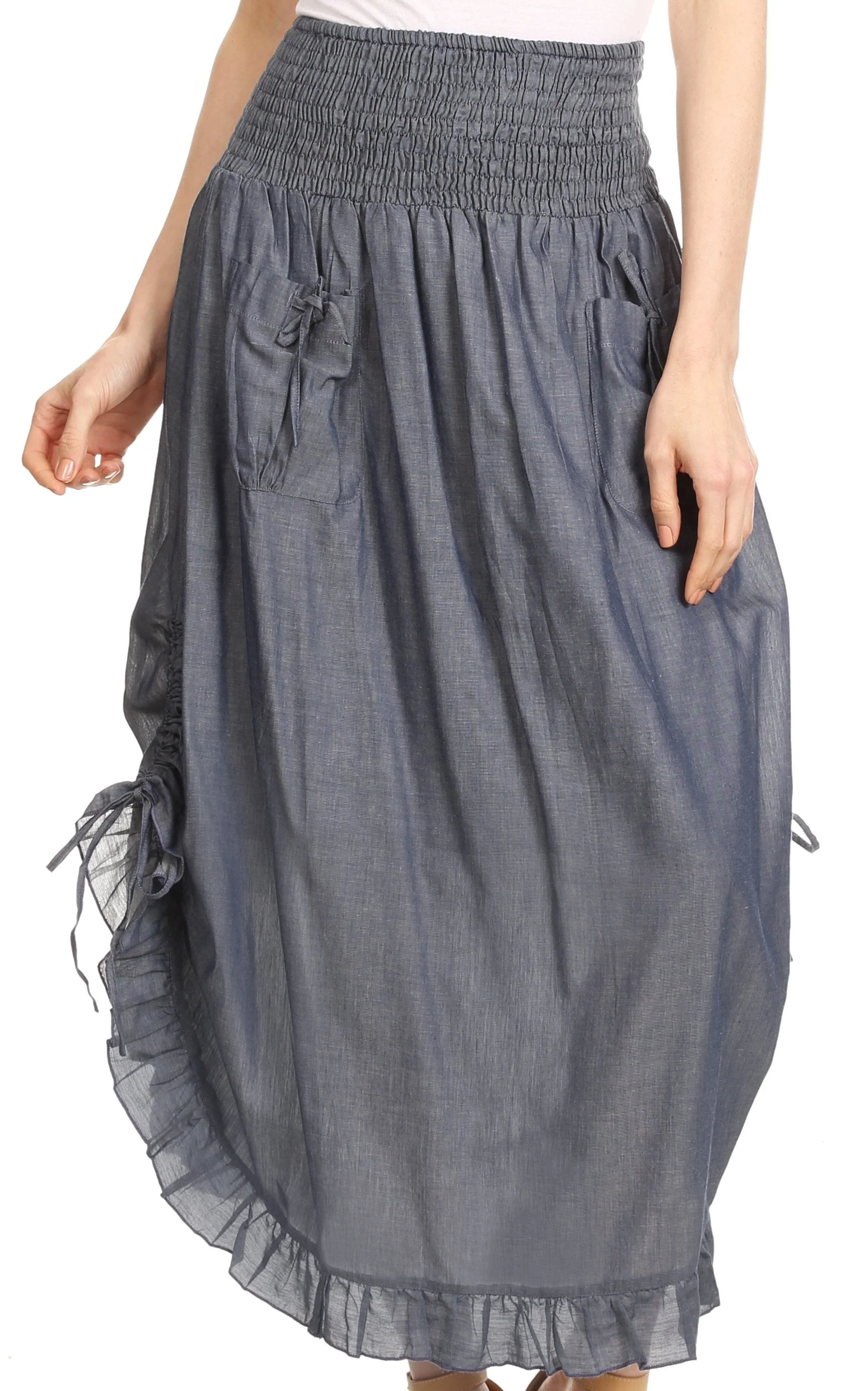 Sakkas Coco Long Cotton Ruffle Skirt with Pockets and Elastic Waistband - Image 11