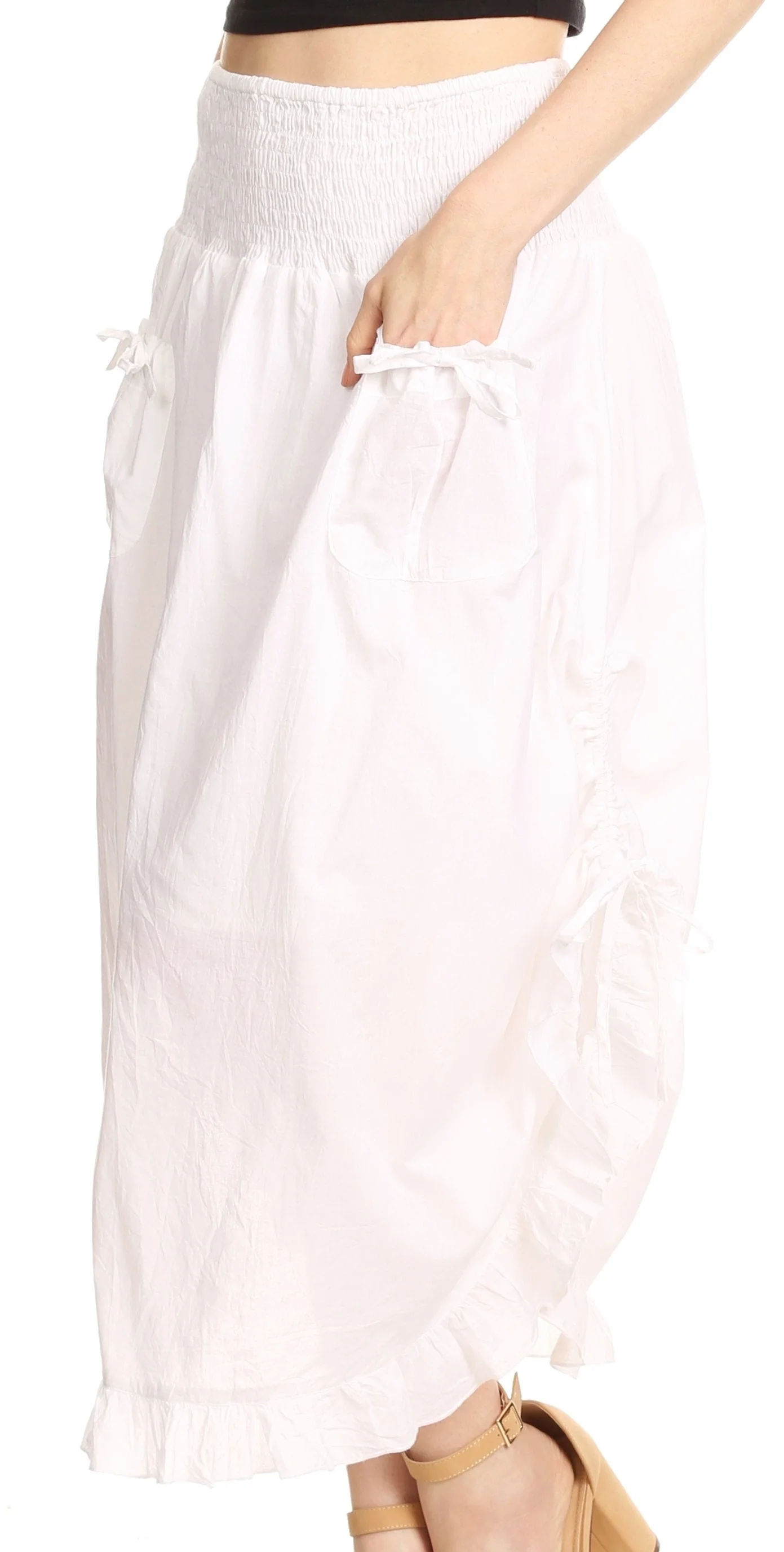 Sakkas Coco Long Cotton Ruffle Skirt with Pockets and Elastic Waistband - Image 34