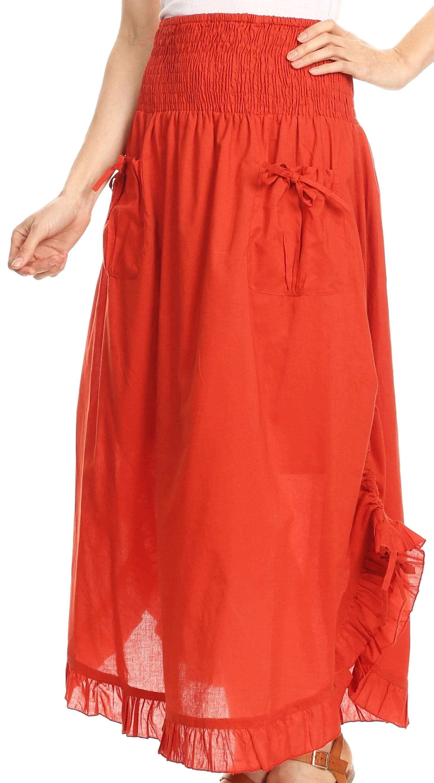 Sakkas Coco Long Cotton Ruffle Skirt with Pockets and Elastic Waistband - Image 53