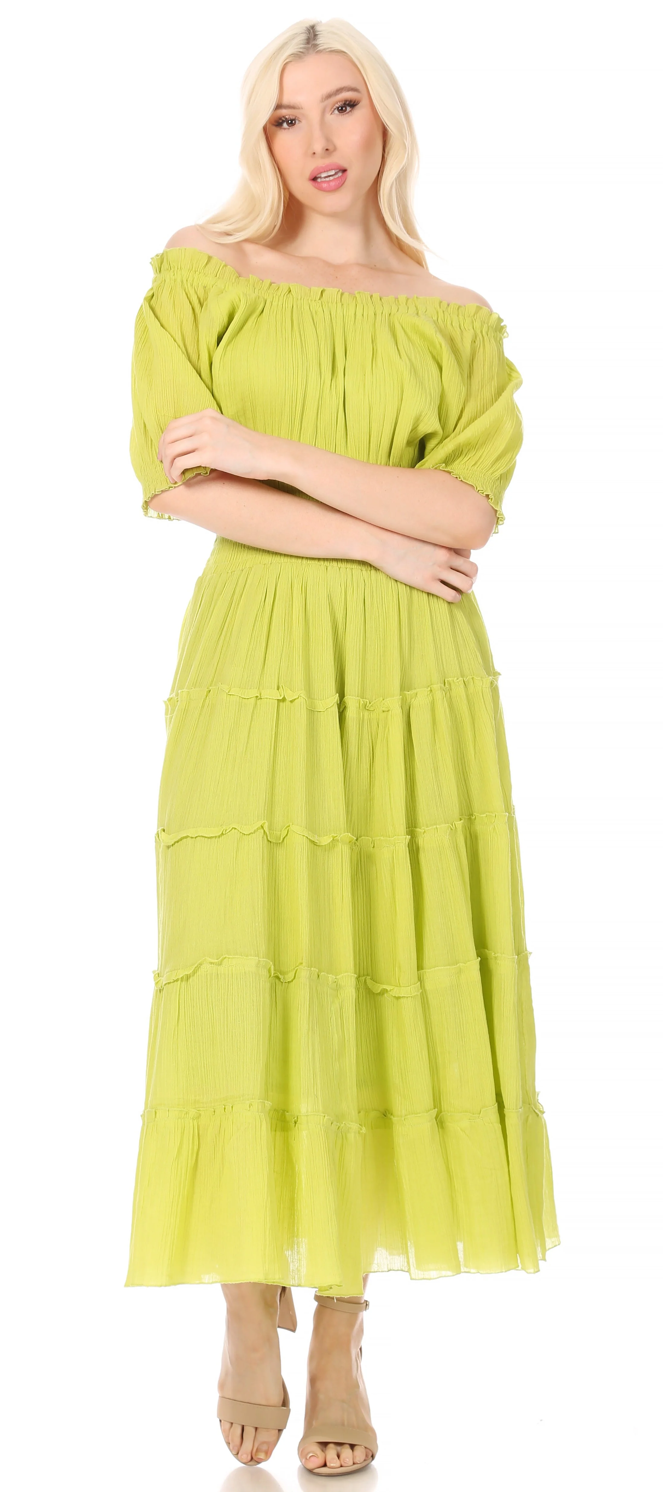 Sakkas Cotton Crepe Smocked Peasant Gypsy Boho Renaissance Mid Length Dress - Image 15