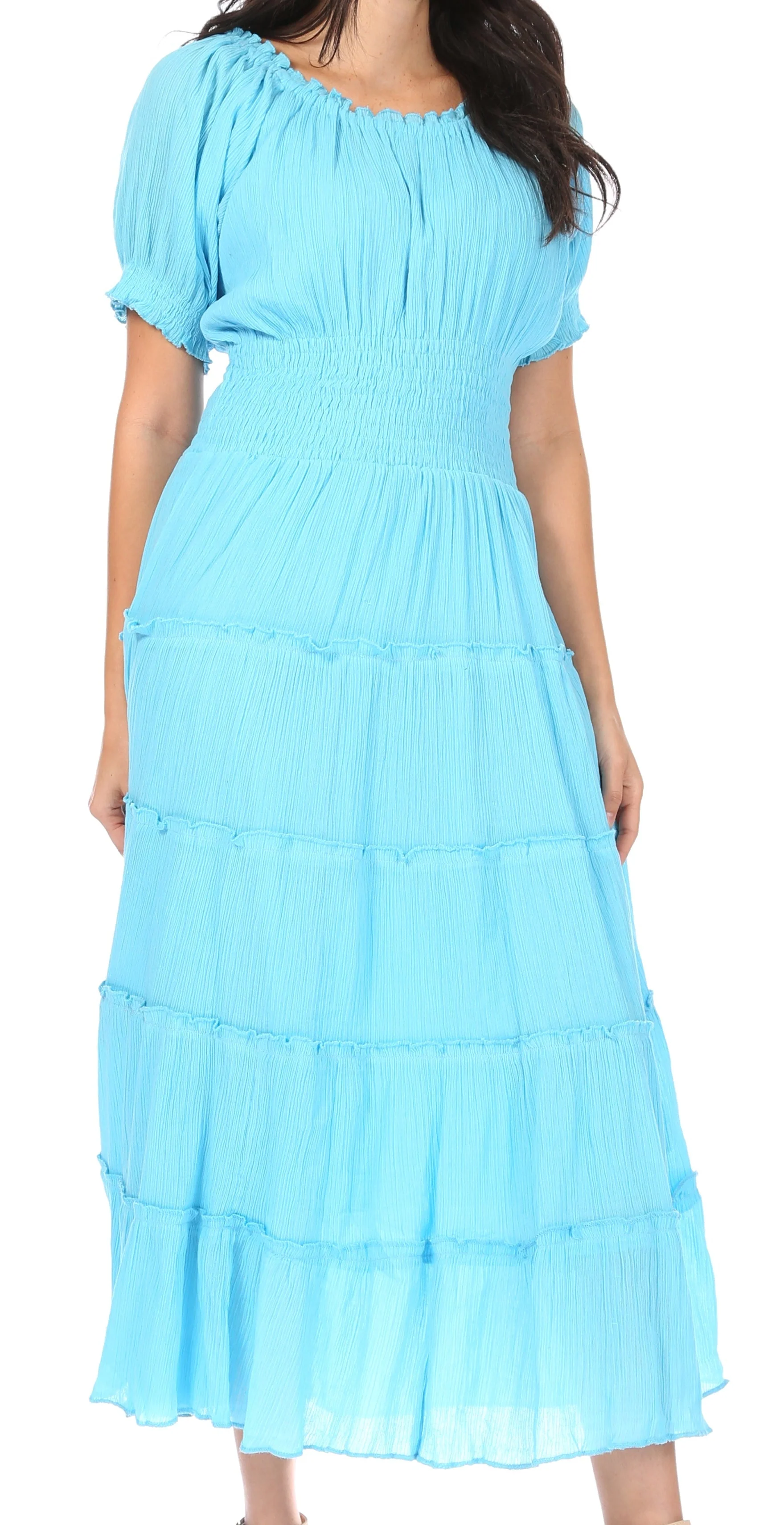 Sakkas Cotton Crepe Smocked Peasant Gypsy Boho Renaissance Mid Length Dress - Image 23