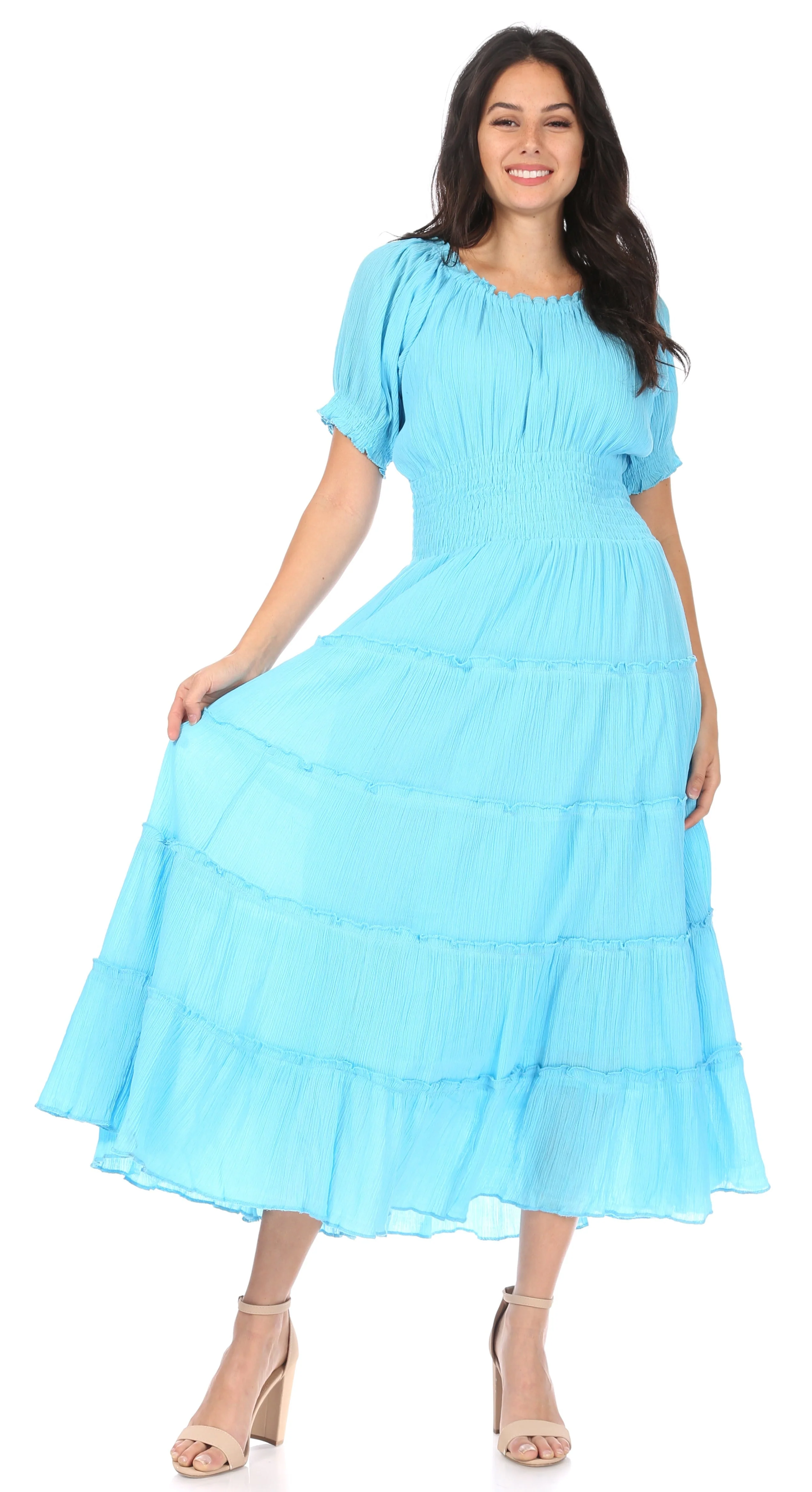 Sakkas Cotton Crepe Smocked Peasant Gypsy Boho Renaissance Mid Length Dress - Image 25