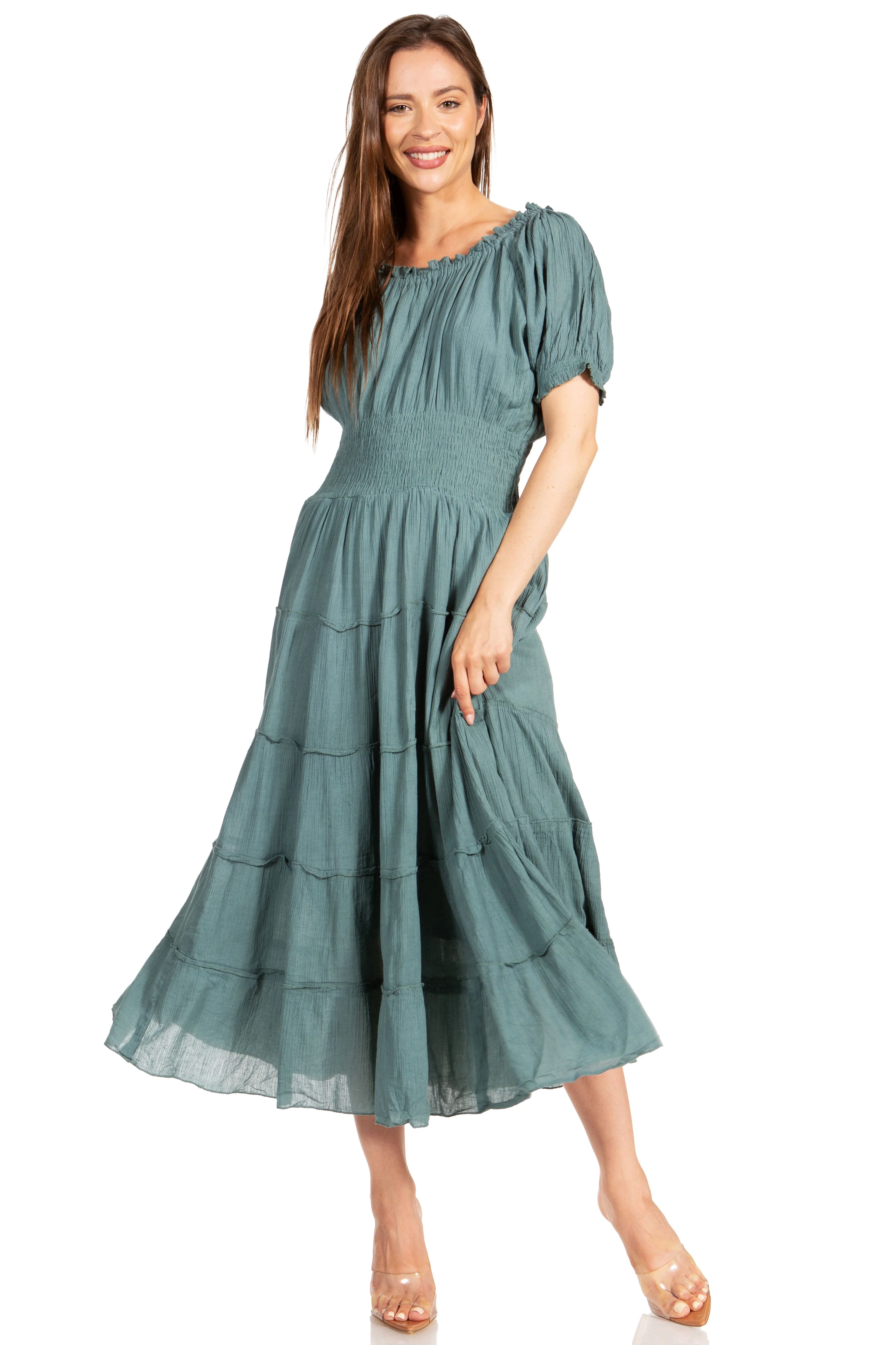 Sakkas Cotton Crepe Smocked Peasant Gypsy Boho Renaissance Mid Length Dress - Image 45