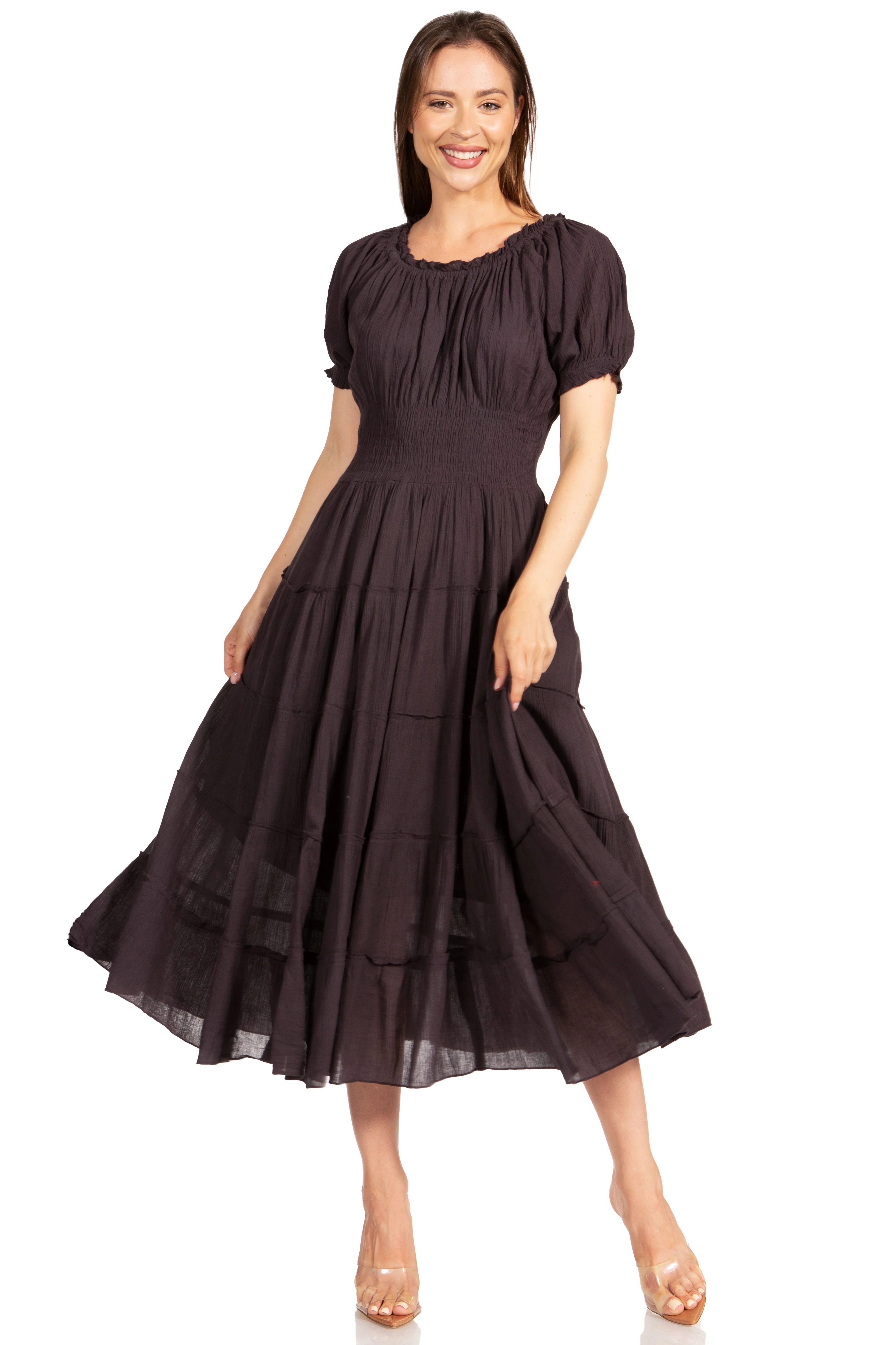 Sakkas Cotton Crepe Smocked Peasant Gypsy Boho Renaissance Mid Length Dress - Image 50