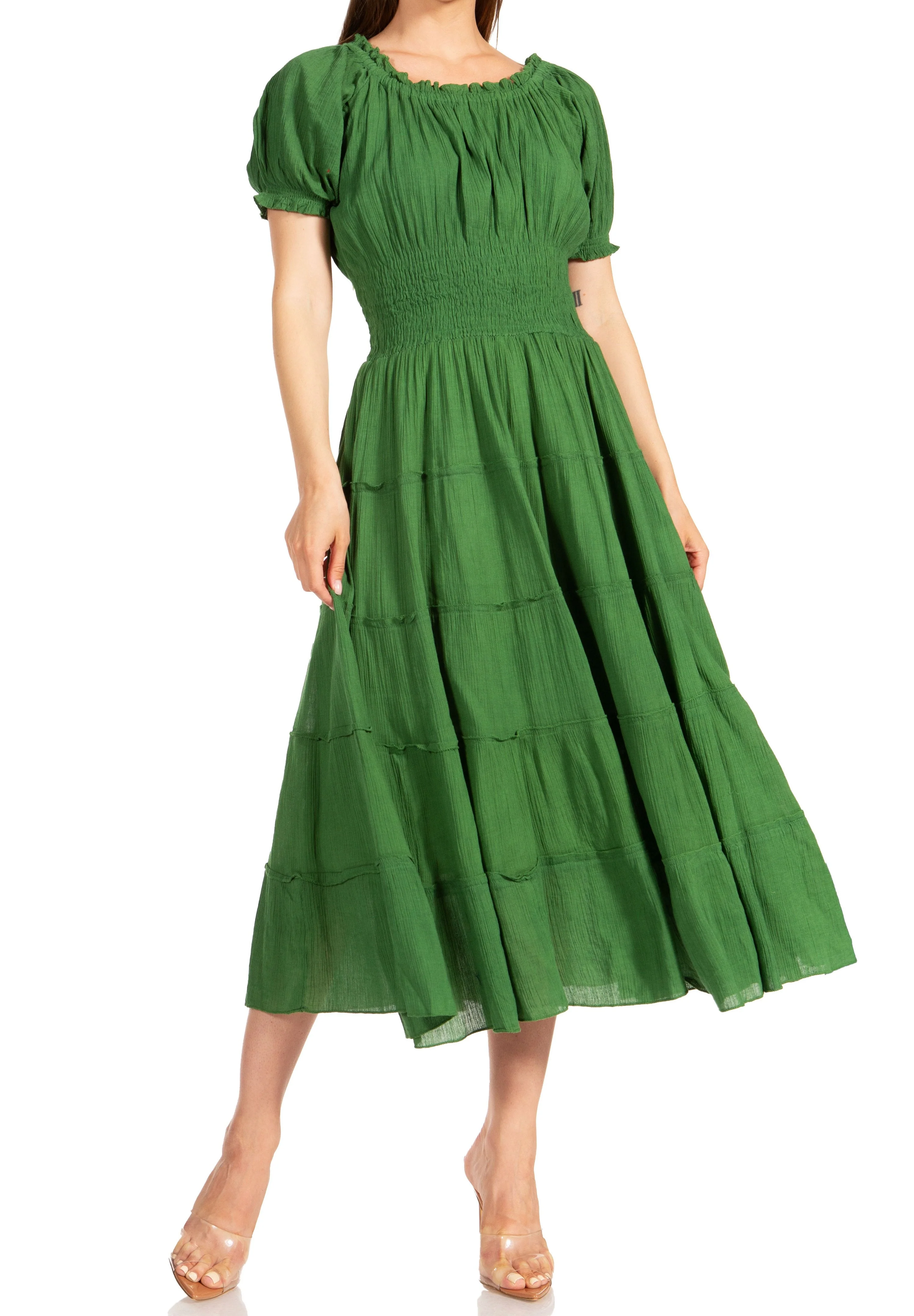 Sakkas Cotton Crepe Smocked Peasant Gypsy Boho Renaissance Mid Length Dress - Image 51