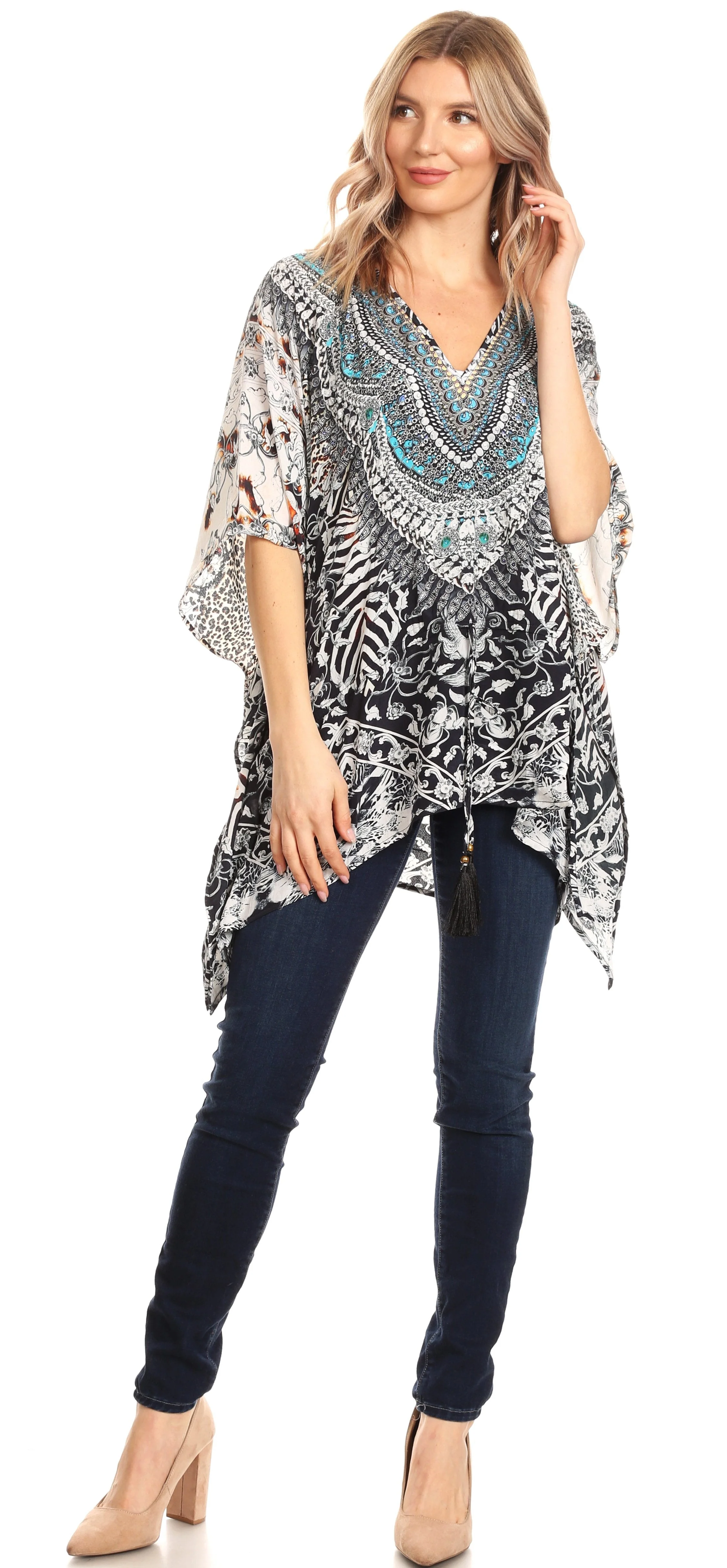 Sakkas Danis Women's Oversized Casual Pullover V-neck Short Sleeve Boho Top Blouse - Image 20