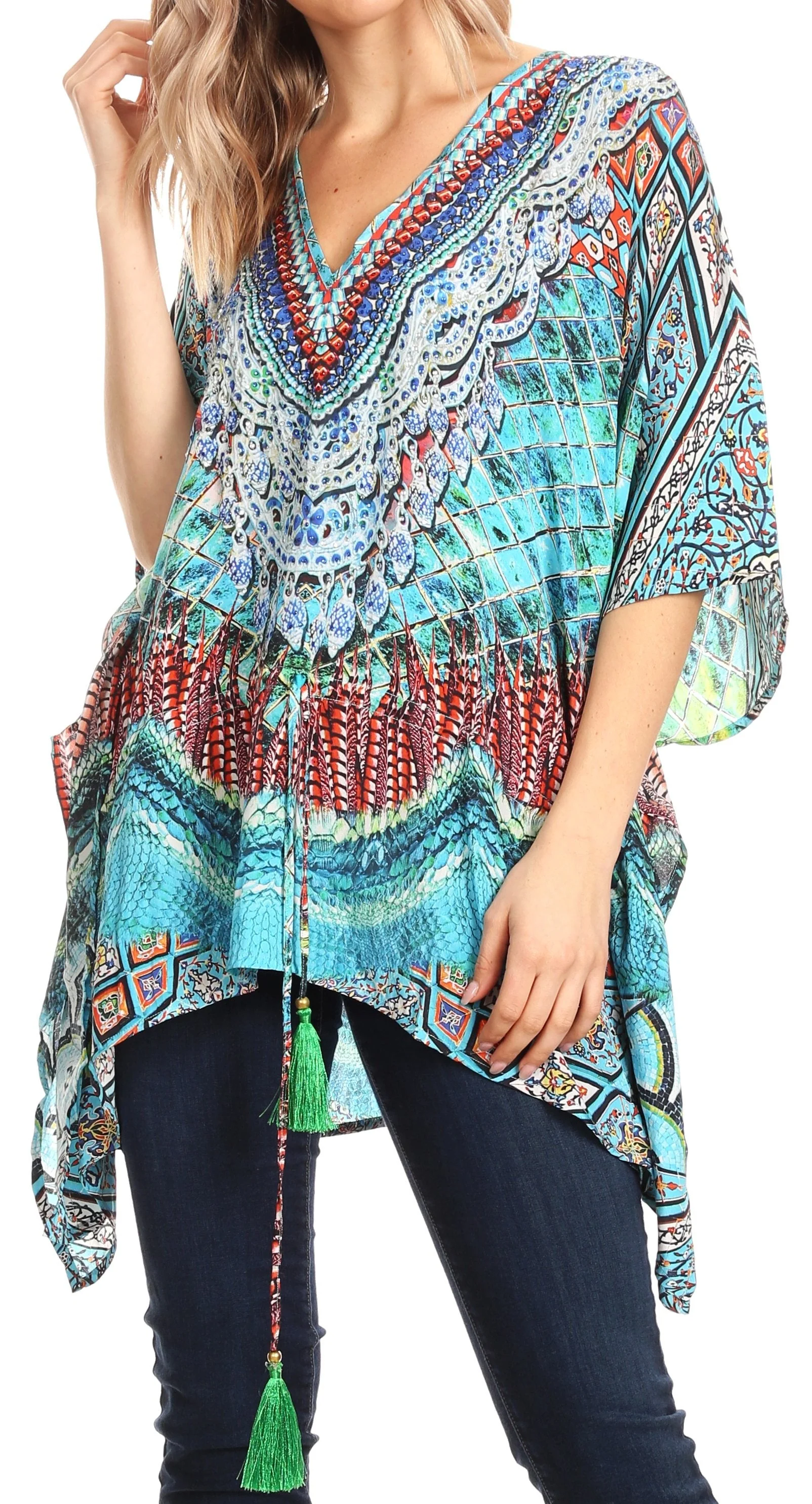 Sakkas Danis Women's Oversized Casual Pullover V-neck Short Sleeve Boho Top Blouse - Image 21