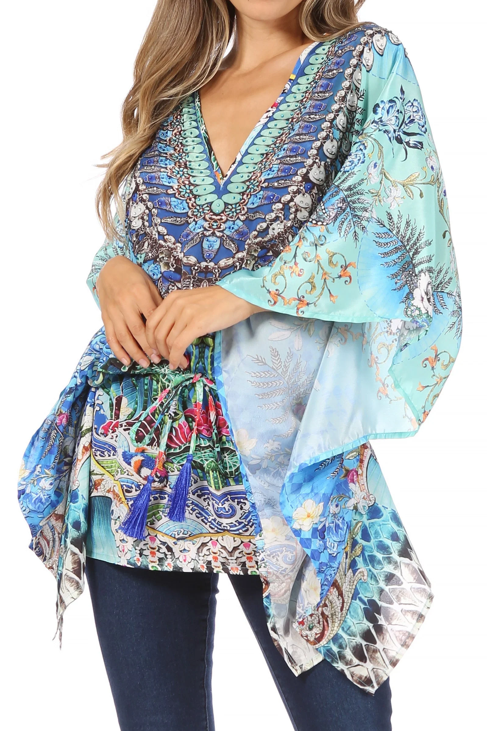 Sakkas Danis Women's Oversized Casual Pullover V-neck Short Sleeve Boho Top Blouse - Image 36