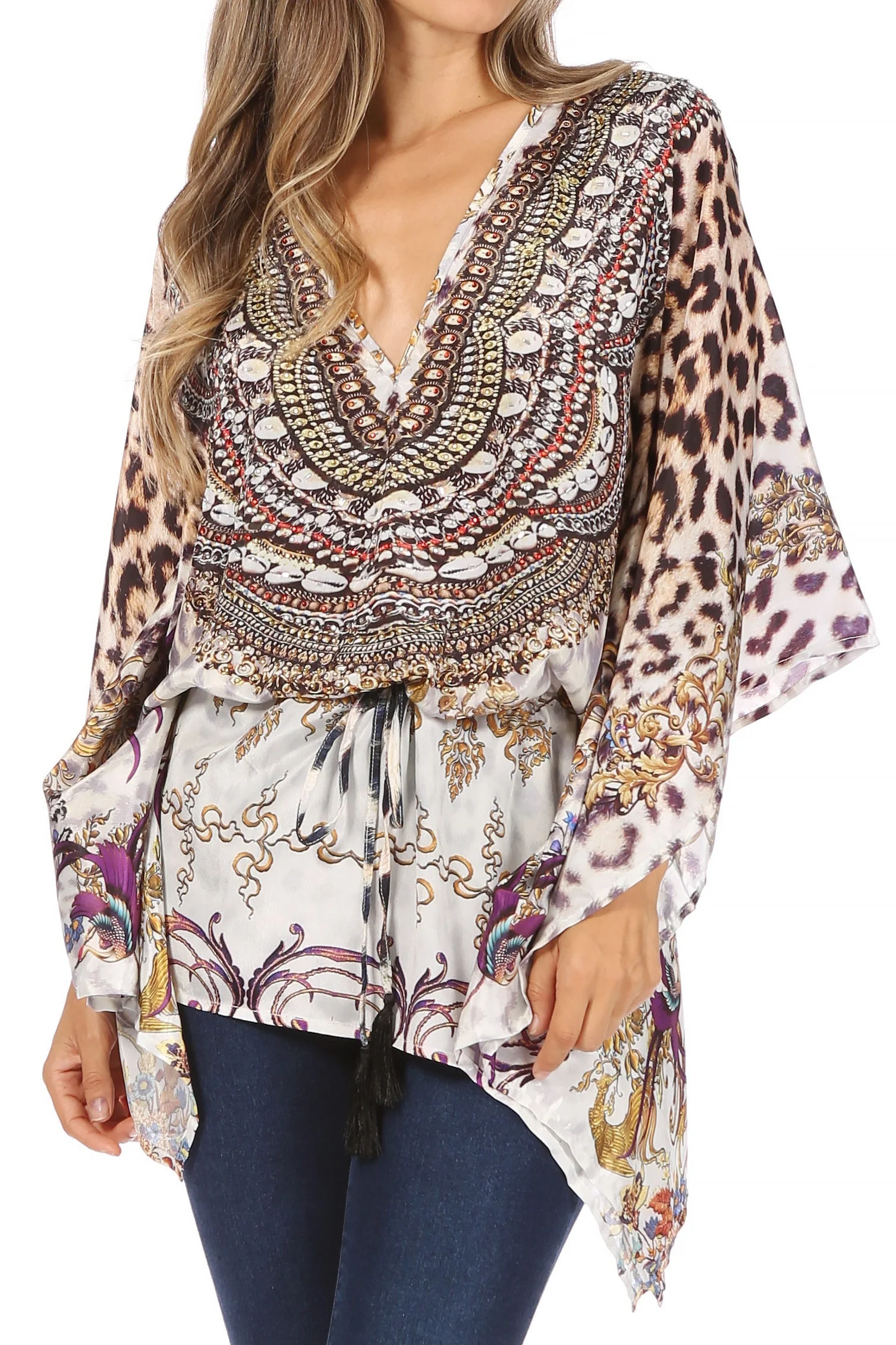 Sakkas Danis Women's Oversized Casual Pullover V-neck Short Sleeve Boho Top Blouse - Image 39