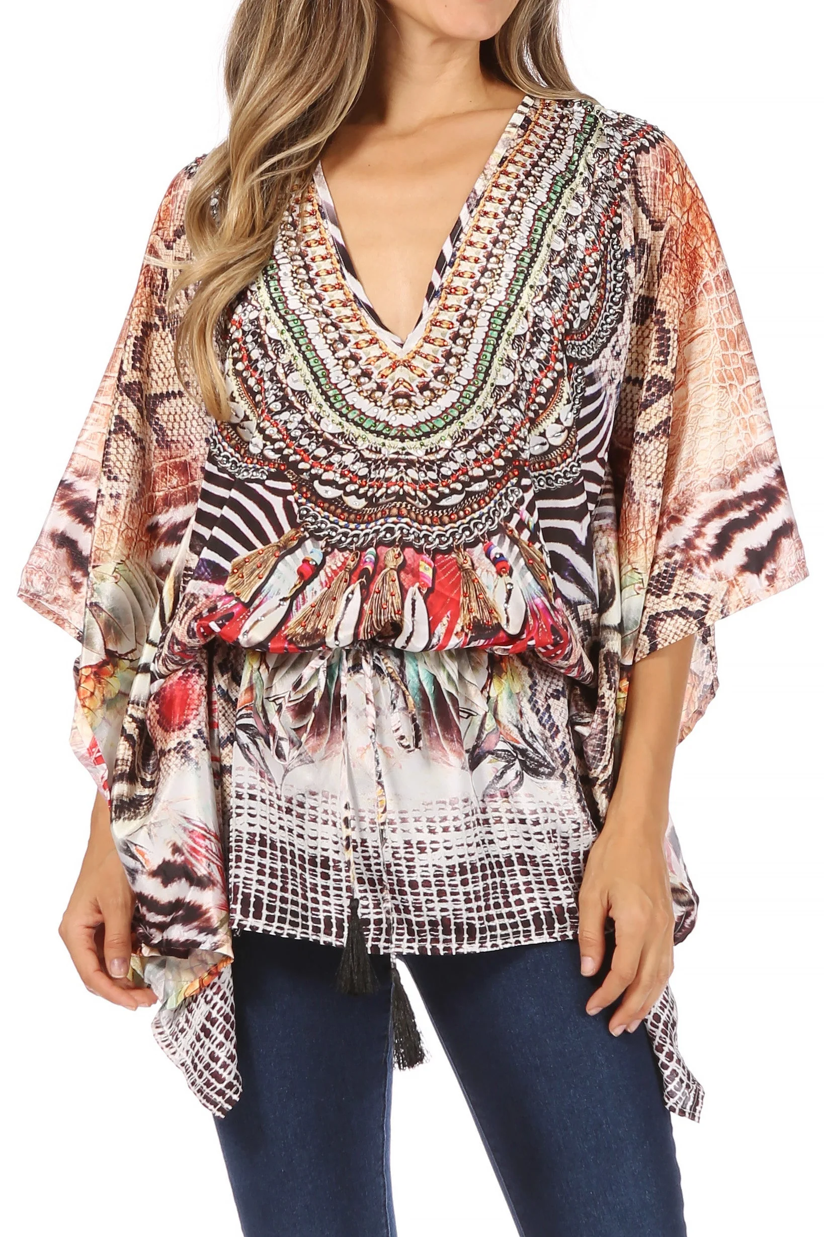 Sakkas Danis Women's Oversized Casual Pullover V-neck Short Sleeve Boho Top Blouse - Image 55