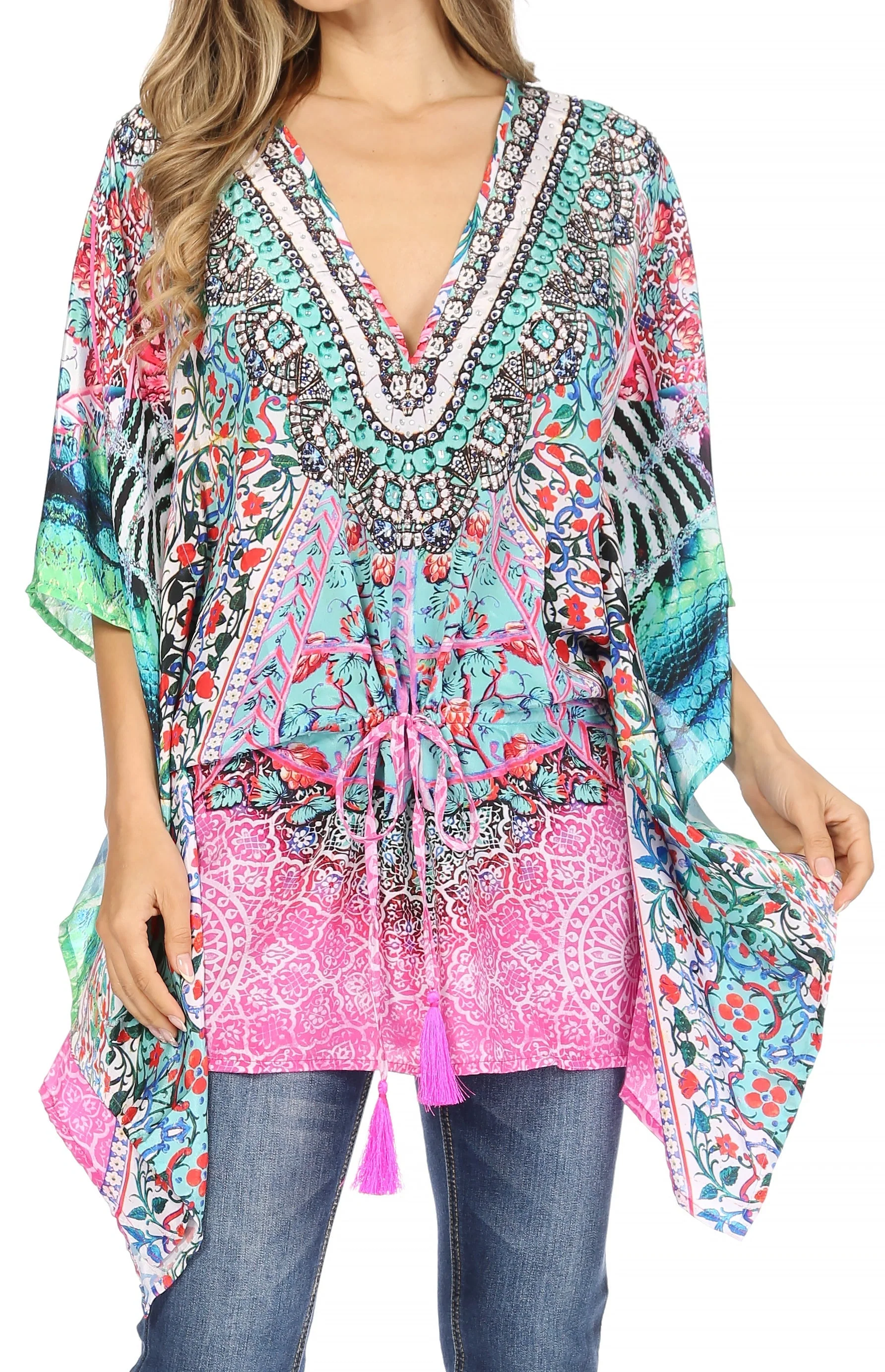 Sakkas Danis Women's Oversized Casual Pullover V-neck Short Sleeve Boho Top Blouse - Image 6