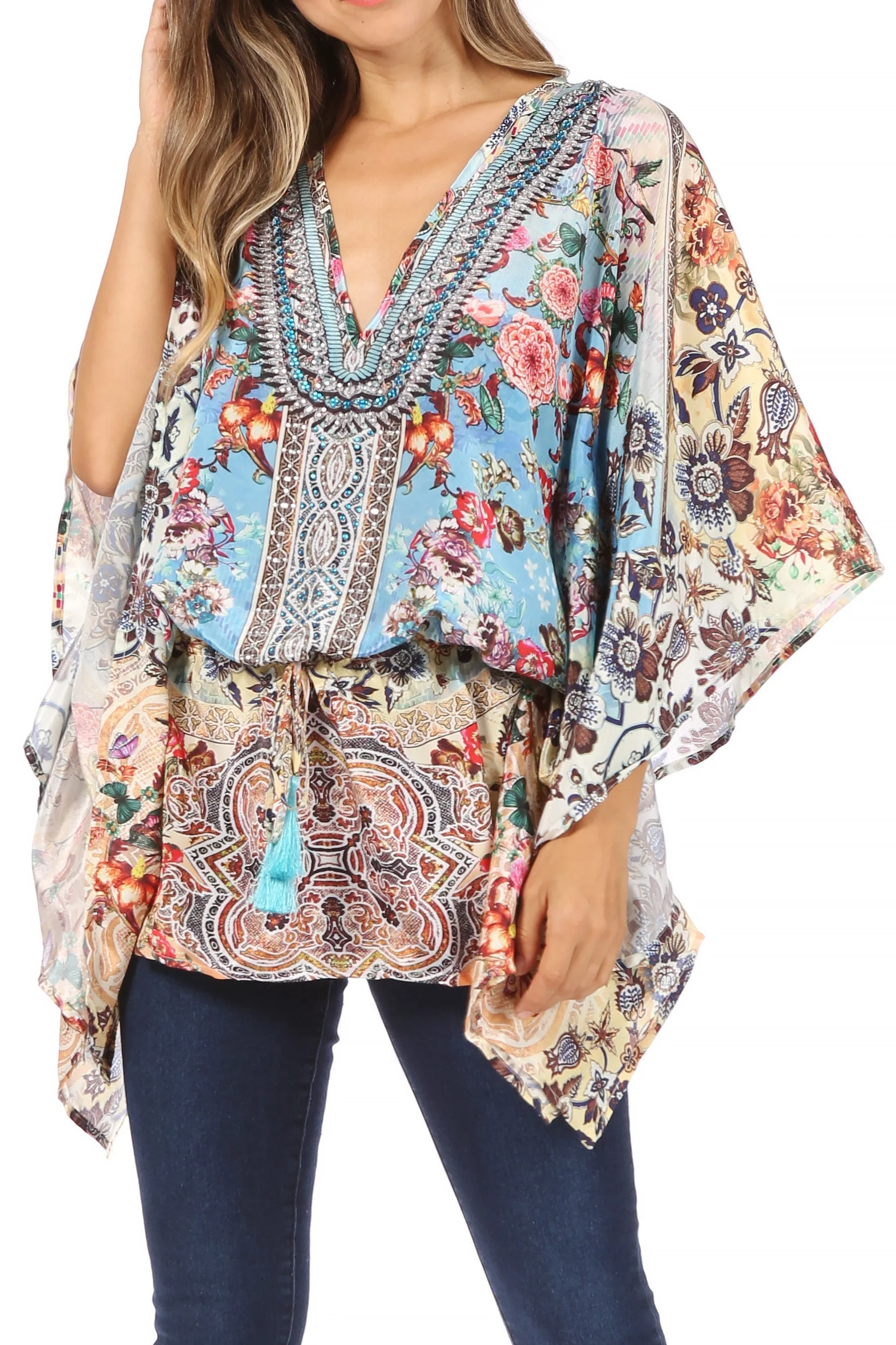 Sakkas Danis Women's Oversized Casual Pullover V-neck Short Sleeve Boho Top Blouse - Image 60