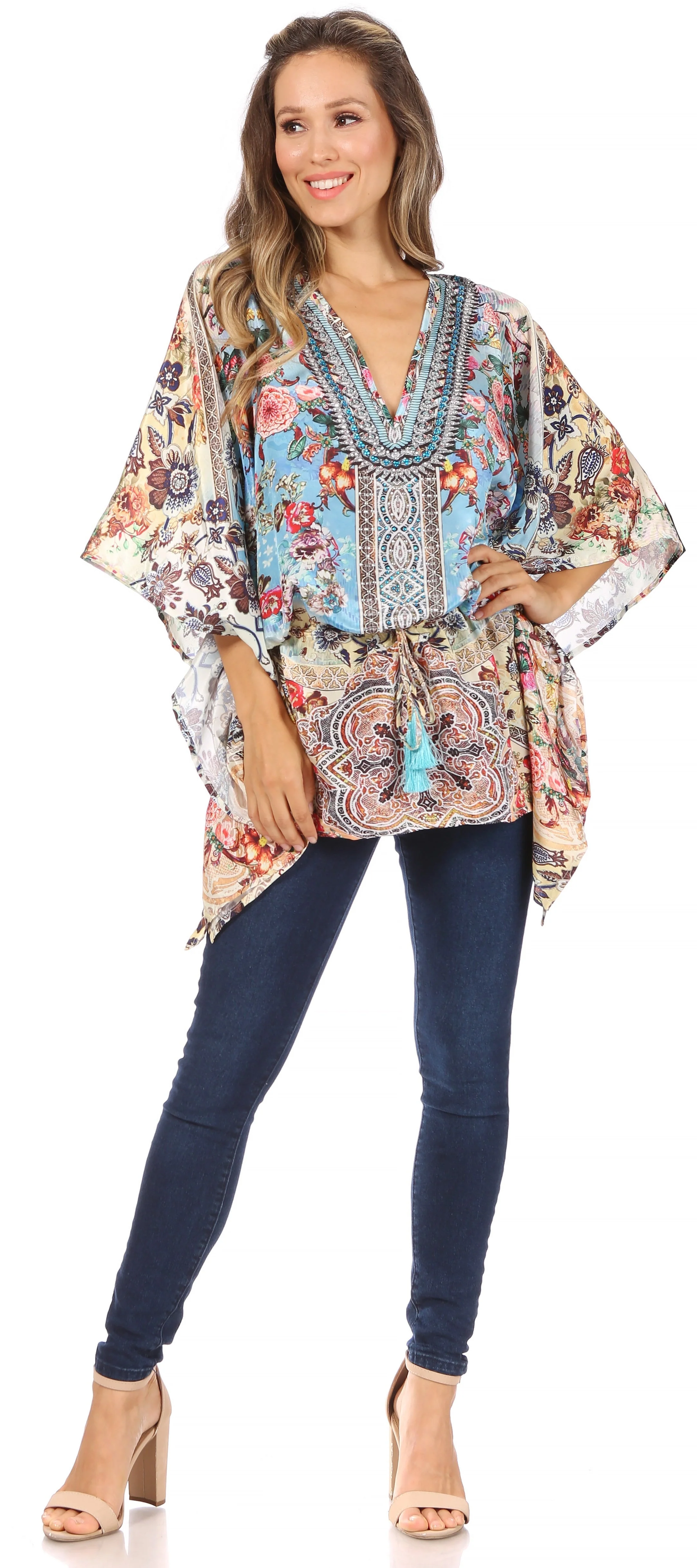 Sakkas Danis Women's Oversized Casual Pullover V-neck Short Sleeve Boho Top Blouse - Image 64