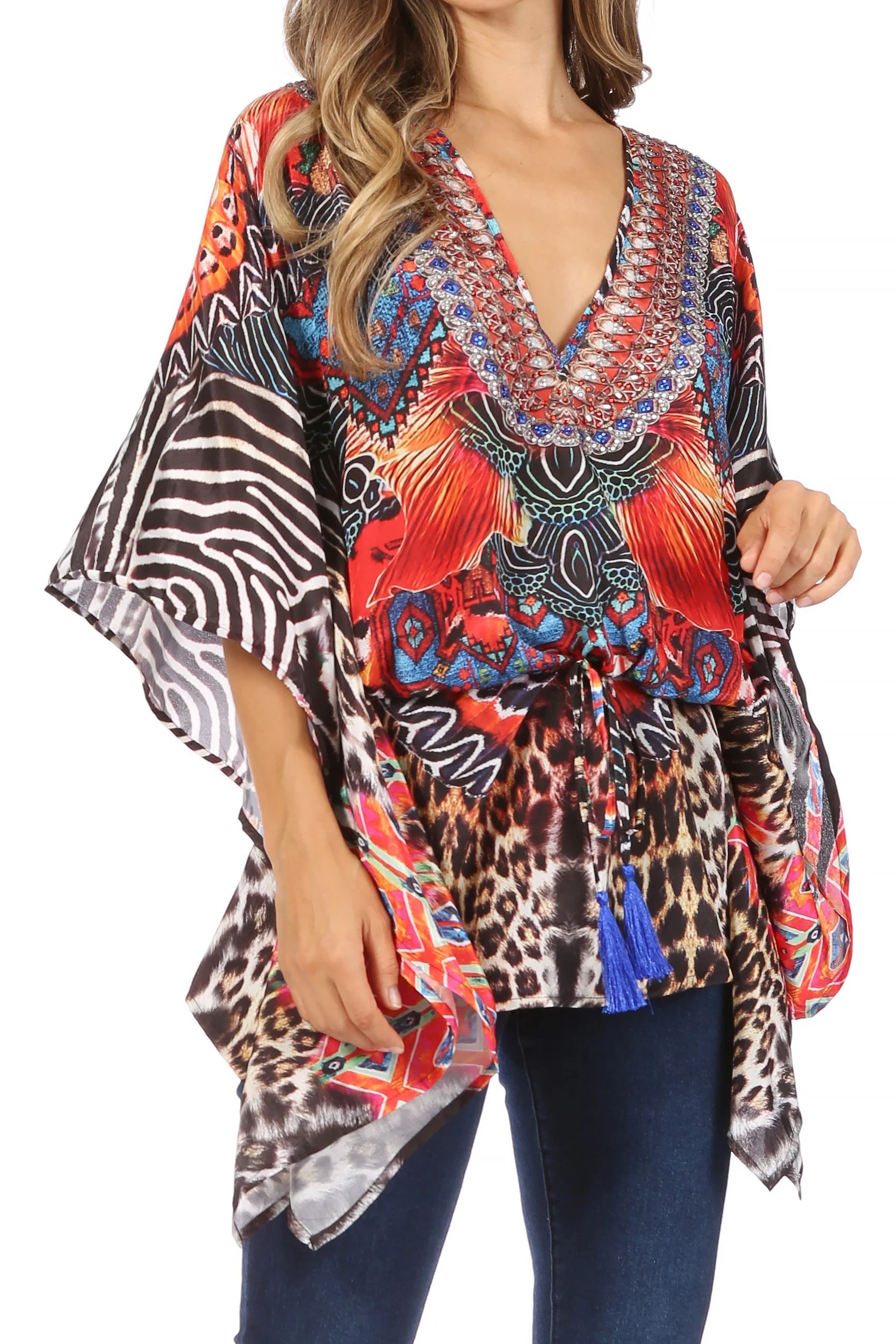 Sakkas Danis Women's Oversized Casual Pullover V-neck Short Sleeve Boho Top Blouse - Image 70